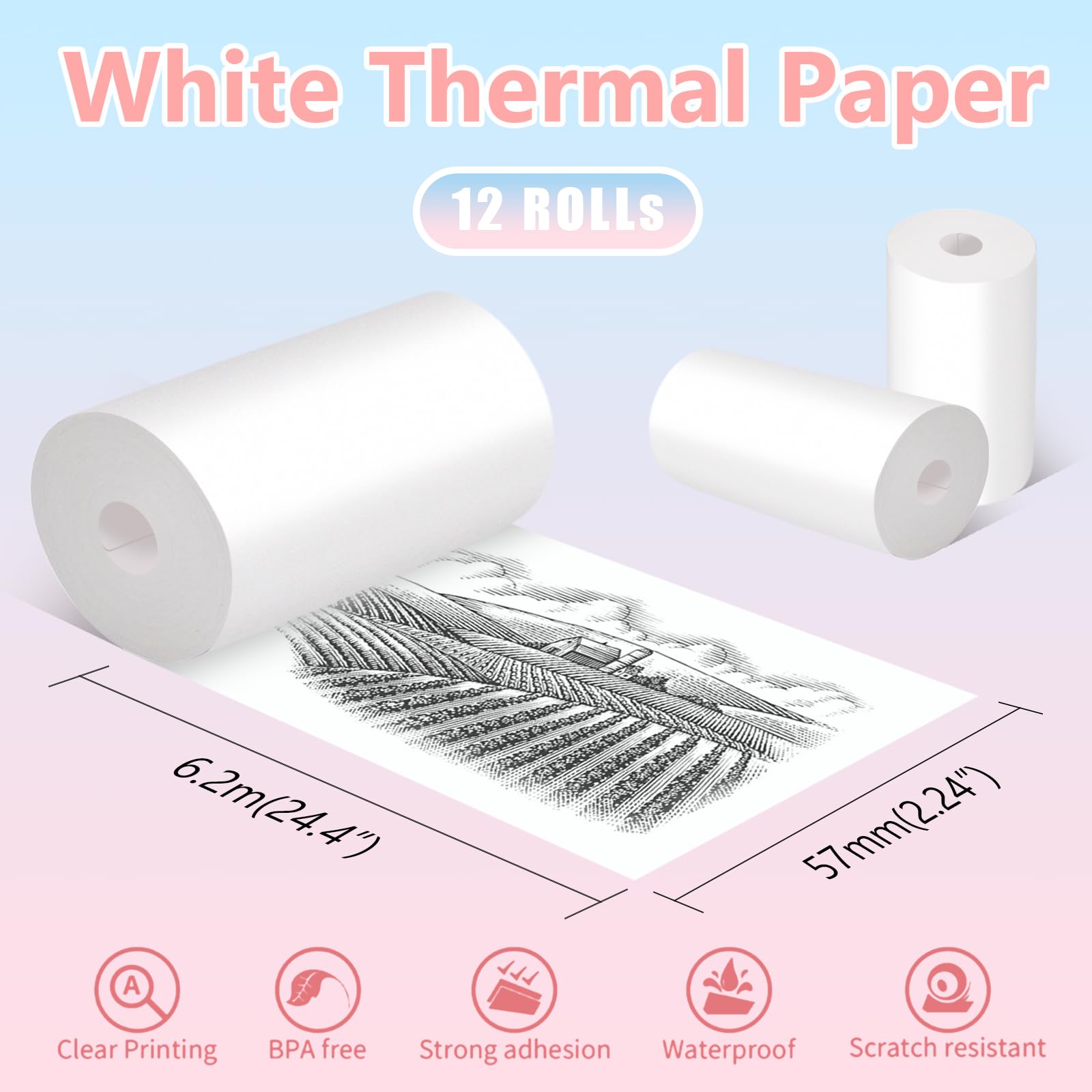 DEPAR Thermopapier für Kinderkamera, 12 Rollen Druckpapier, 57mm x 30mm x 6.2m, Nachfülldruckpapier, Thermopapier für Kinder Sofortbildkameras, Mini Thermodrucker