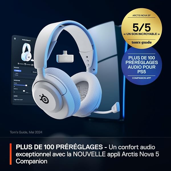 SteelSeries Arctis Nova 5P Wireless Casque Gaming - Haut-parleurs magnétiques néodyme - Plus de 100 profils Audio - Batterie 60h - 2,4GHz ou BT - Micro ClearCast Gen 2.X -PS5,PS4, PC, Switch 2 -Blanc - 2