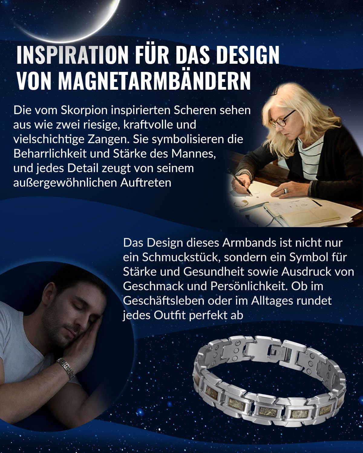 RainSo Herren Magnetarmband,Scorpion Clamp Dreireihiges magnetisches Edelstahlarmband,Wird mit kostenlosem Werkzeug zum Entfernen von Gliedern und einer Schmuckgeschenkbox (Silber und Champagner)