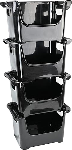 Miniatura 3 de Skywin Contenedores de almacenamiento apilables de plástico, color negro, paquete de 4 contenedores de almacenamiento frontales abiertos con diseños