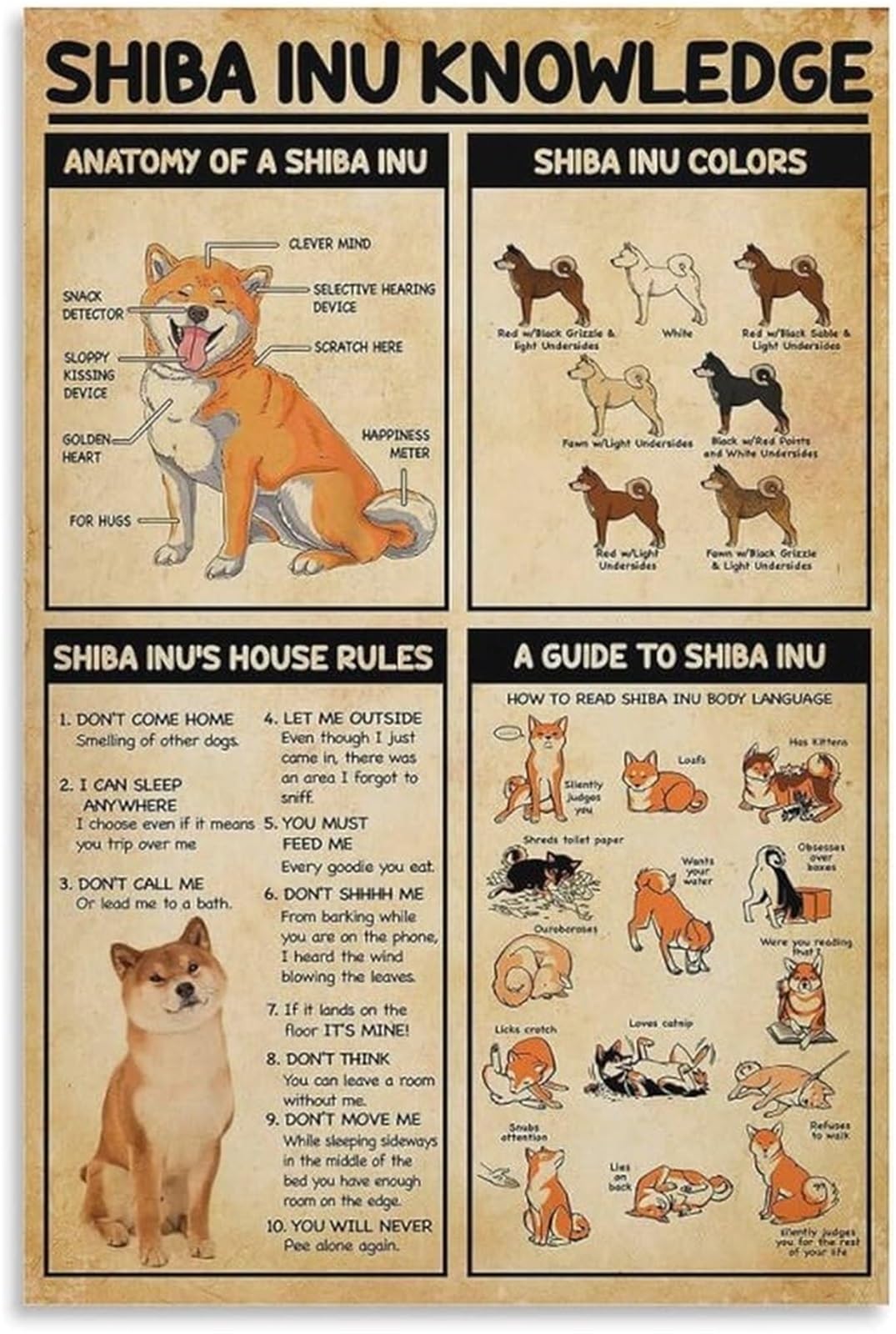 XGINERFEX Vintage Shiba Inu Poster Dog Breed Guide Anatomy Chart Colors House Rules Educational Wall-Art for Pet Lovers Bedroom(Unframed,16x24inch(40x60cm))