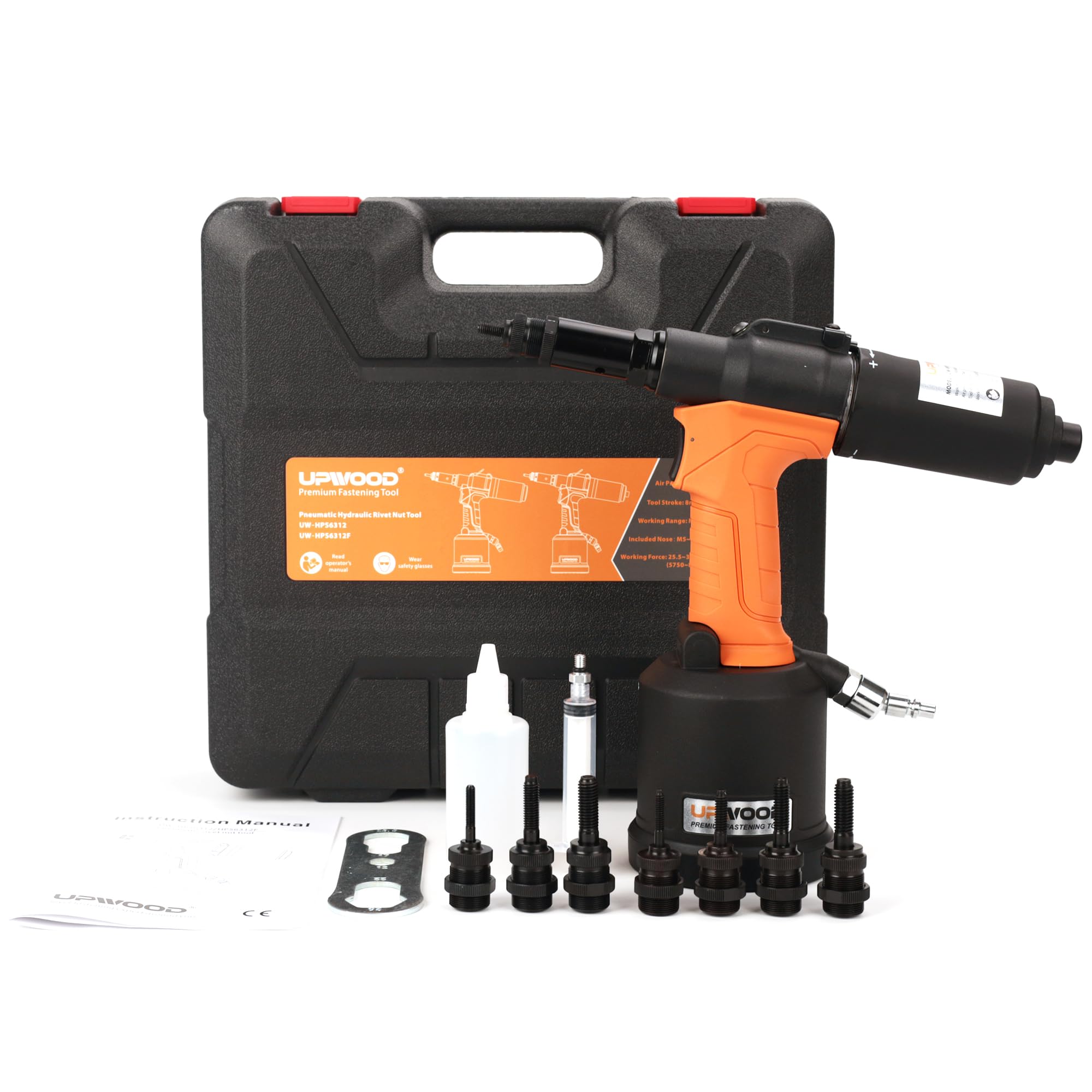 Herramienta de tuerca de remache hidráulica de aire resistente con botón reversible, remachadora neumática HPS6312F, kit de ajuste de pistola de tuerca de remache automático, viene con montaje