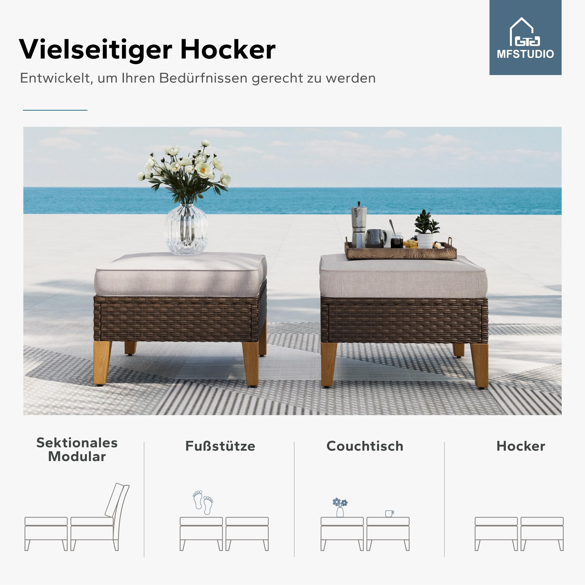 MFSTUDIO Polyrattan Lounge Set, Aktualisierte Rippen, 20% Dicker als Andere, Cushion PRO Fabric Wasserdicht, Leicht zu Reinigen. Gartenmöbel Wetterfest, Sitzgruppe für Garten.