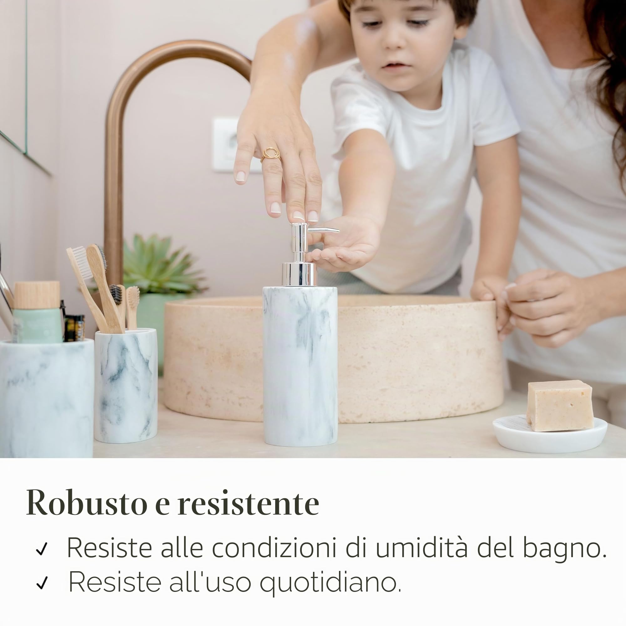 ZCCZ Set di accessori da bagno 4 pezzi, accessori decorativi per il bagno con dispenser di sapone, portaspazzolino, bicchiere da bagno, portasapone, effetto marmo, set di accessori da bagno bianco