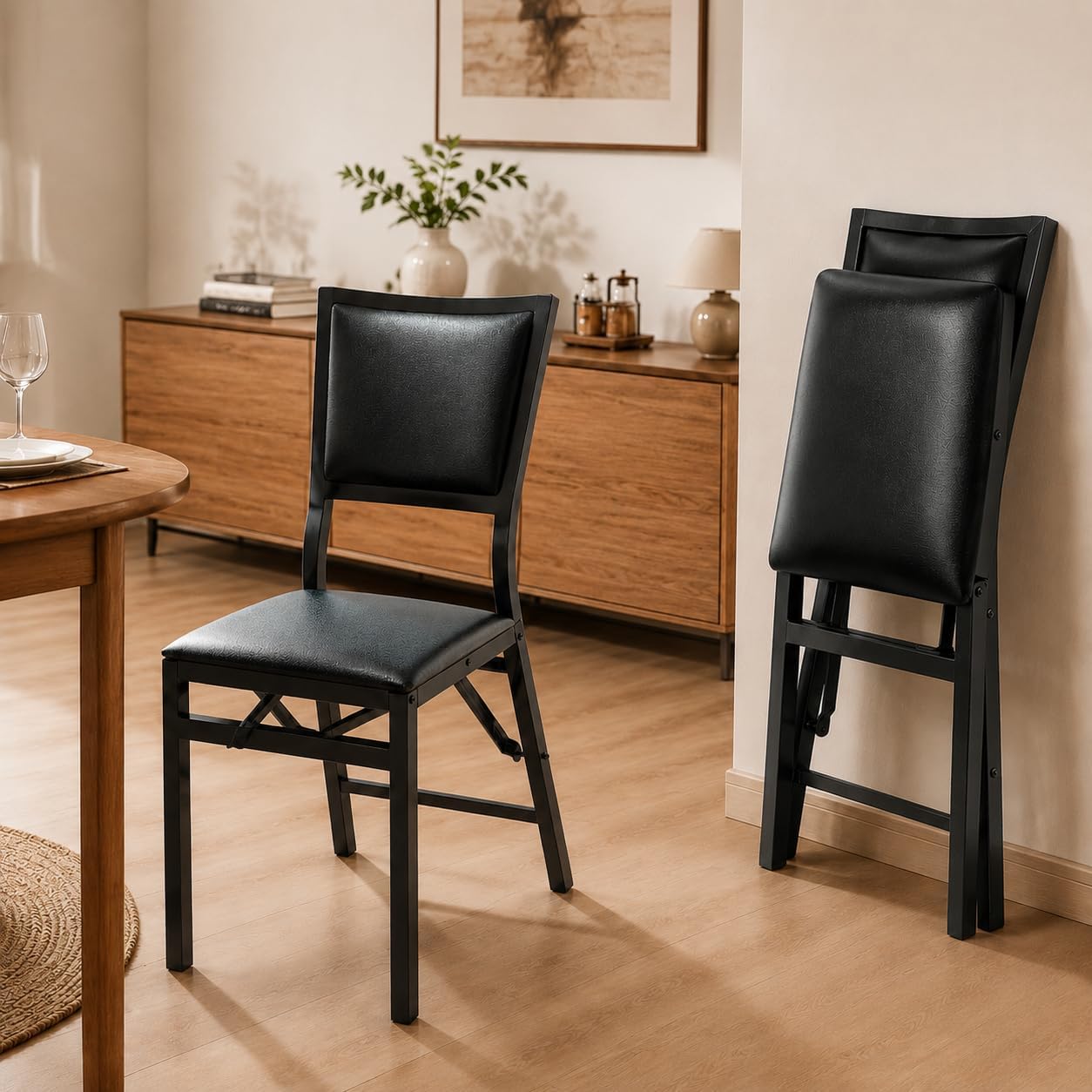 POWERSTONE Folding Chairs Set with Cushion, Heavy Duty Metal Frame Foldable Dining Chair with Padded Seat & Backrest for Kitchen, Living Room, Small Space, Black (2)