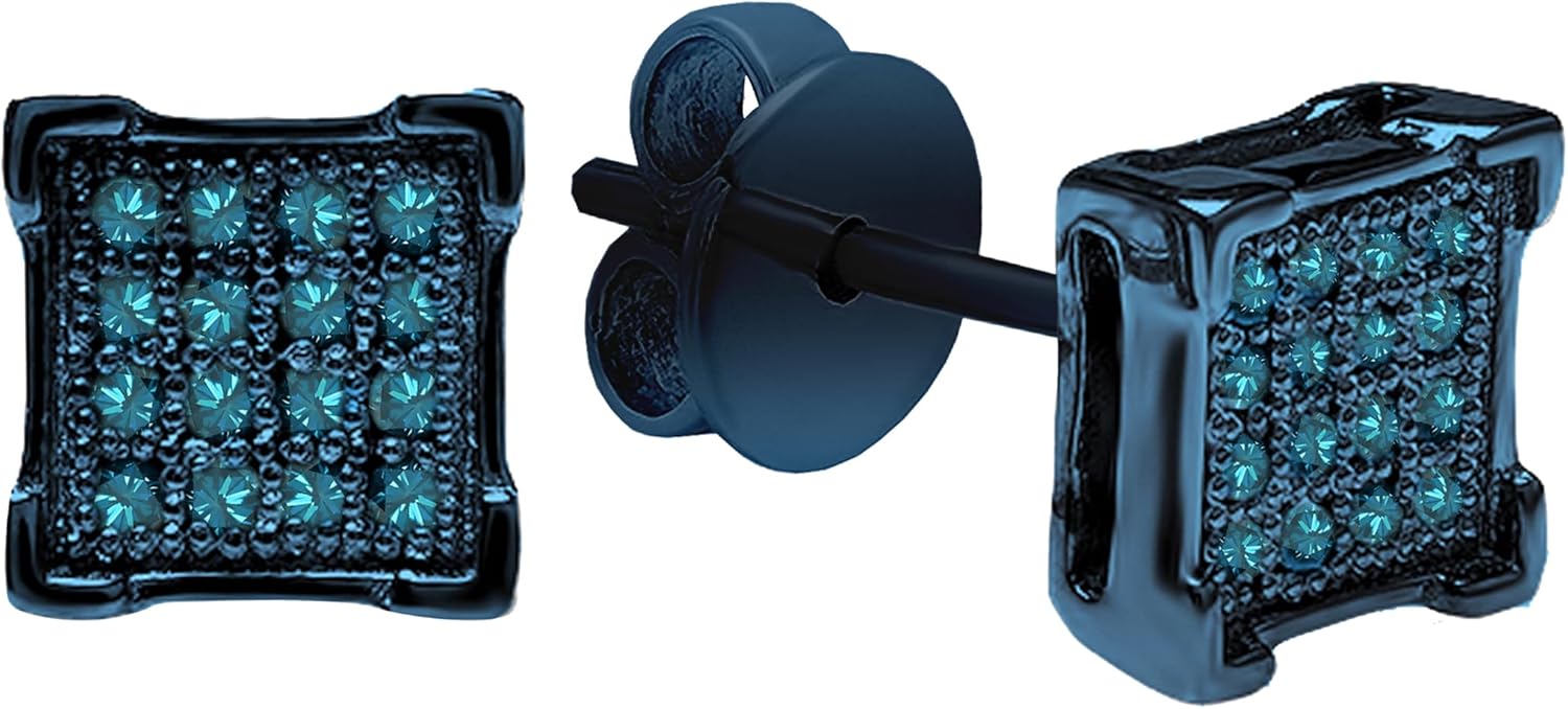 Dazzlingrock Collection 0.10 Ctw Natural Round Blue Diamond 5.5mm Square Hip Hop Iced Out Studs in Blue Plated Sterling Silver, Unisex Design Ladies,Mens Real Diamond Earrings