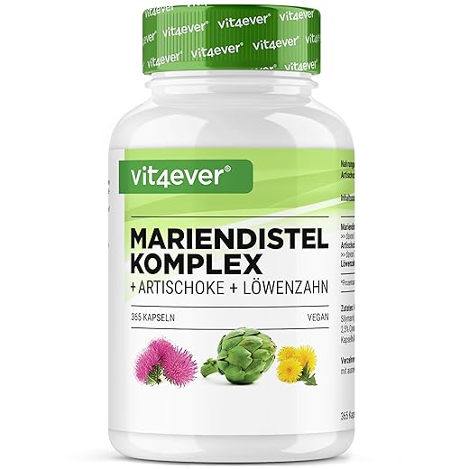 Complesso di cardo mariano, carciofo e tarassaco - 365 capsule (scorta di 6 mesi) - Alto dosaggio con 80% di silimarina e 2,5% di cinarina - Vegan