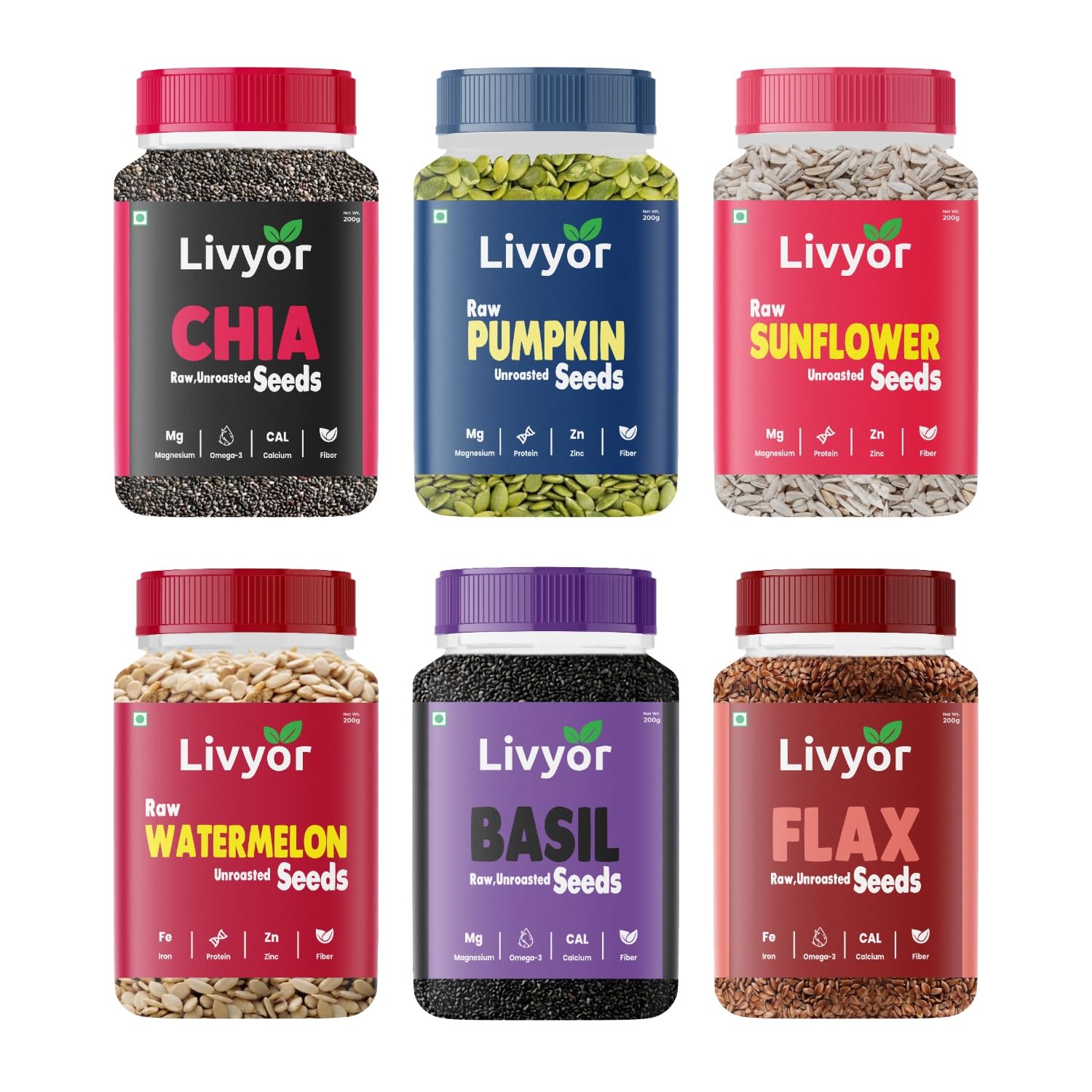 Livyor Raw Seeds Combo for eating (200g each) | Chia, Basil, Pumpkin, Flax, Watermelon, Sunflower Seeds - Combo | Weight management | Healthy and Nutritious | Pack of 6 (1200gm)-picture-25