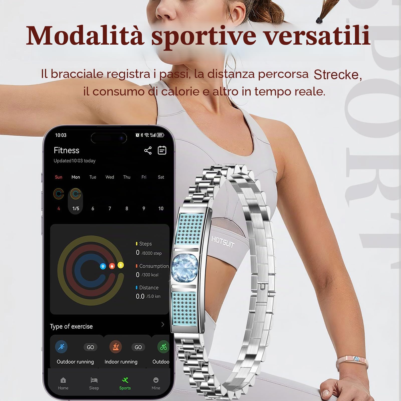 Braccialetto fitness da donna elegante e intelligente, contapassi, da donna, in oro rosa, argento, braccialetto fitness tracker senza app e telefono cellulare, cardiofrequenzimetro fitness