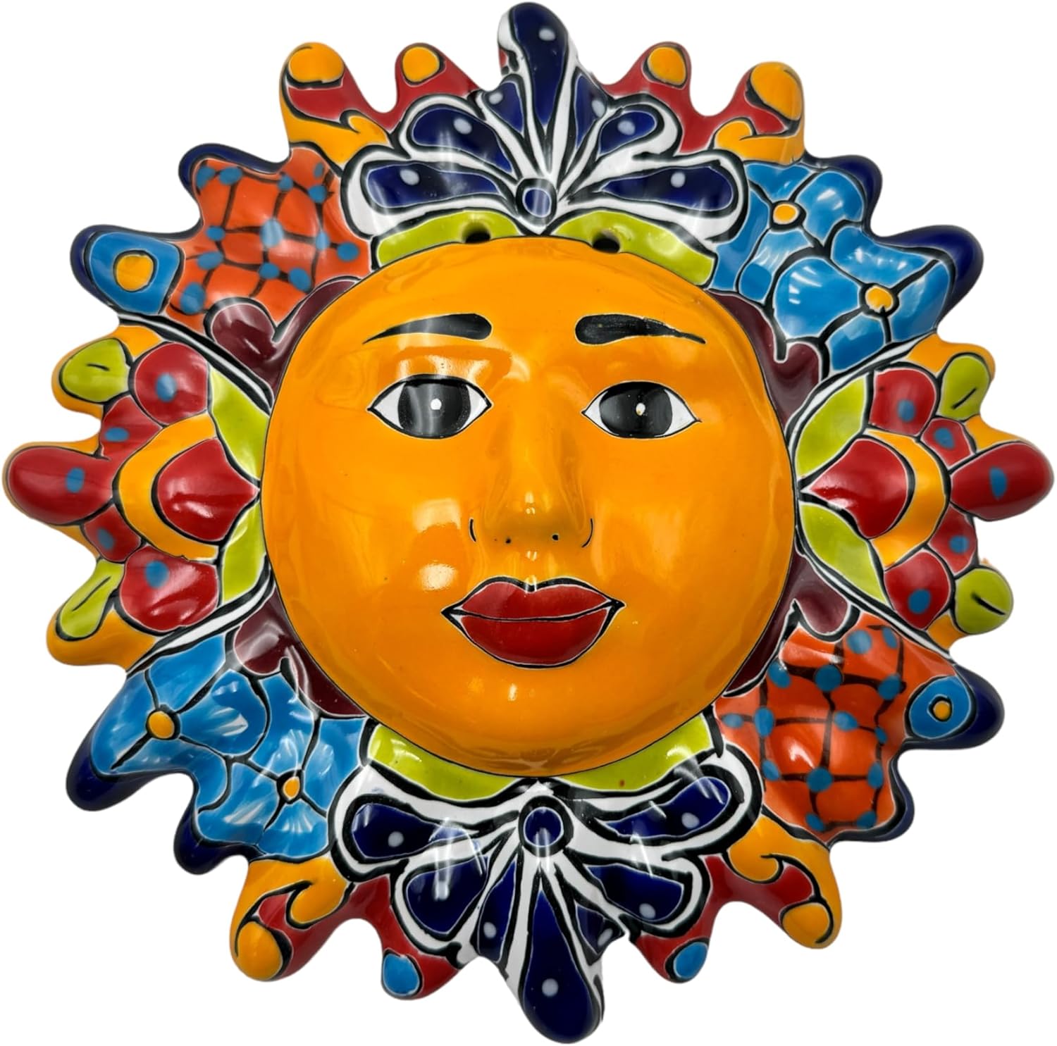 Talavera Sun Face Folk Art Multicolor Mexican Pottery Home Decor Hand Painted Handmade Indoor Outdoor Diameter 12 (Multi 2)