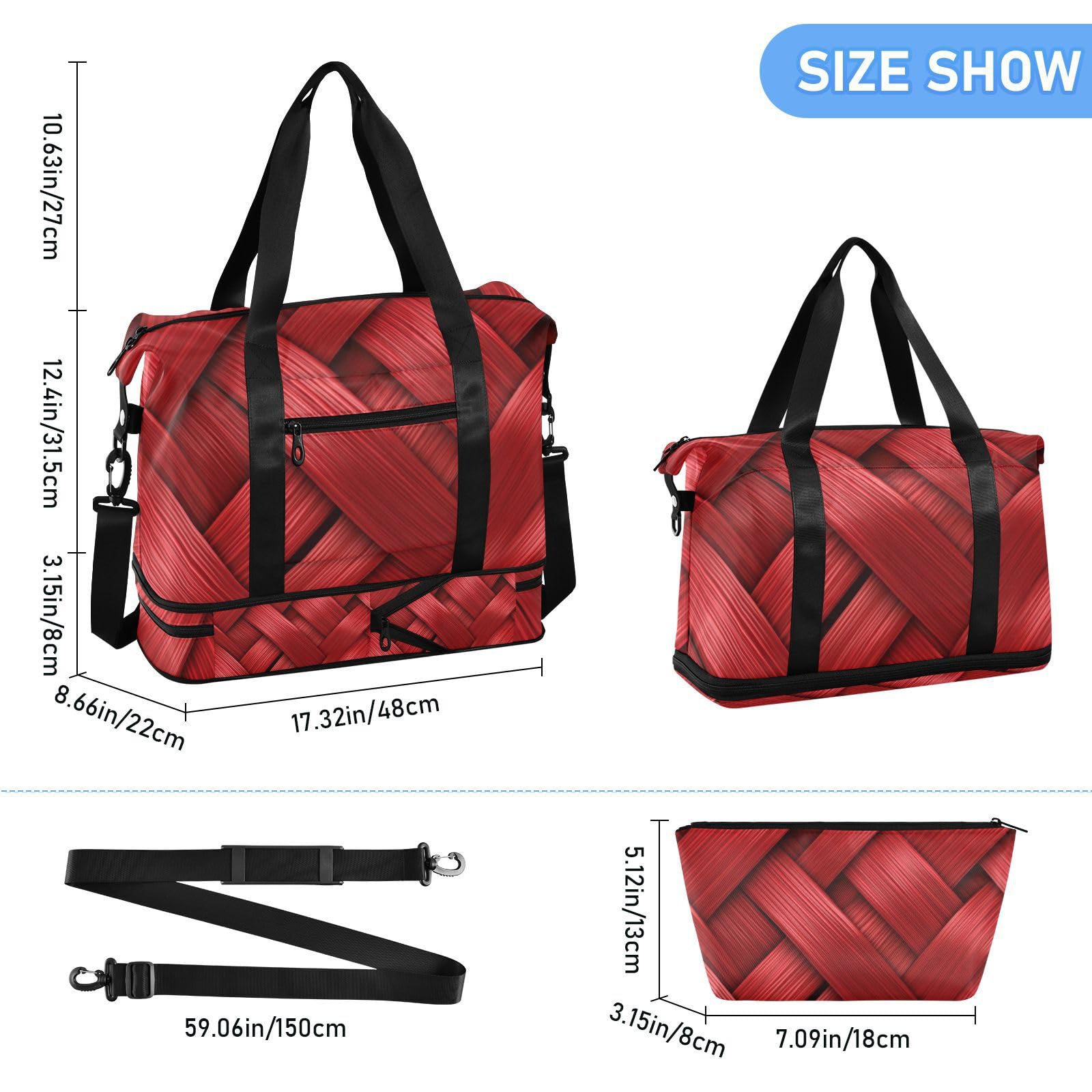 Übergroße Reisetasche aus Rattan, Ballstruktur, rotes Muster, mit Nassfach, verstellbarer Riemen, Sporttasche für Fitnessstudio, große Kapazität, für Damen und Herren