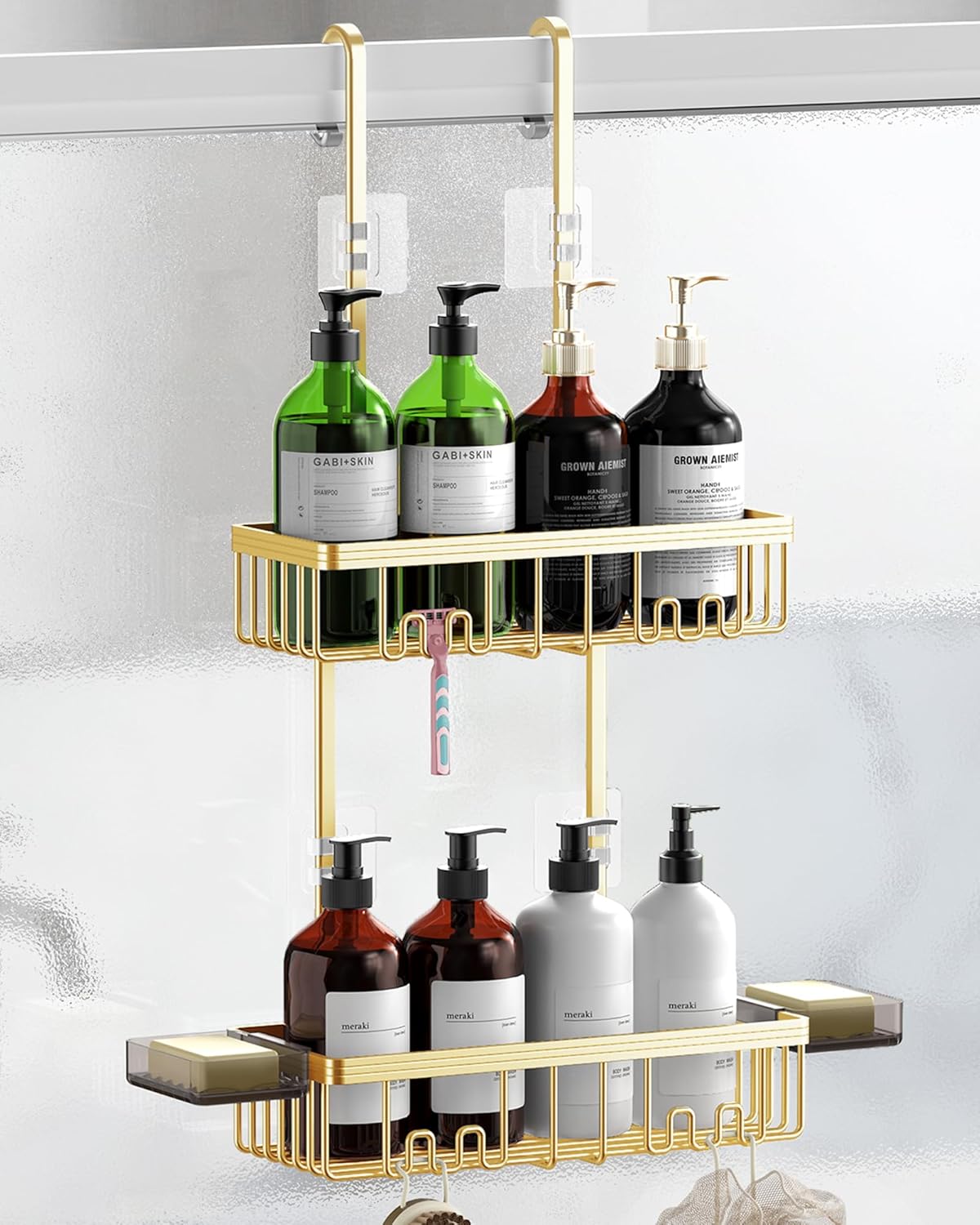 Over the Door Shower Caddy Hanging With Double Soap Holder Never Rust Hanging Shower Caddy With 4 Hooks Hanging Bathroom Organizer No Drilling Shelves for Bathroom Storage Gold