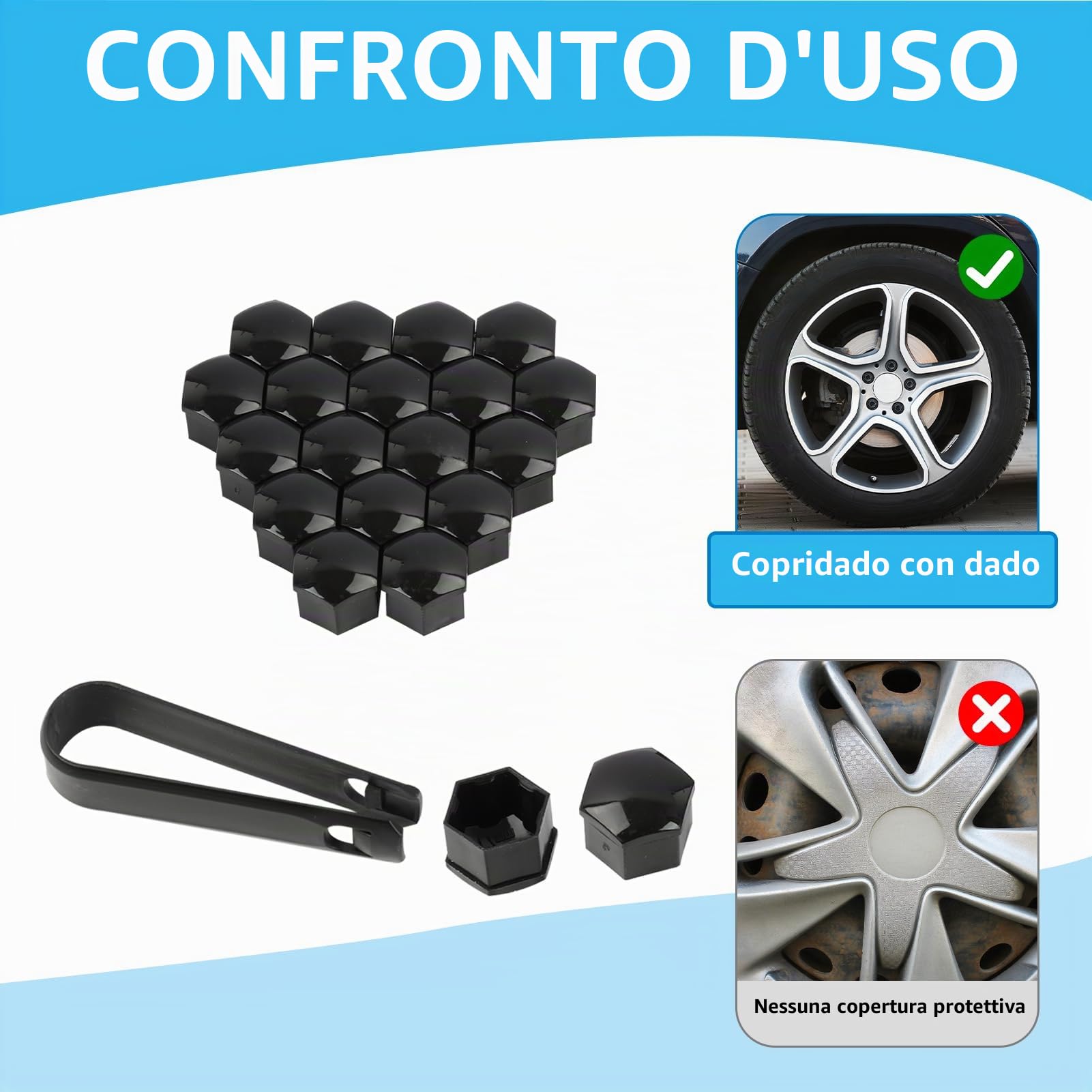 Pack De 20 Tapones Para Tuercas De Rueda En ABS Negro, Universales, Medida 17 Mm, Marca Asso