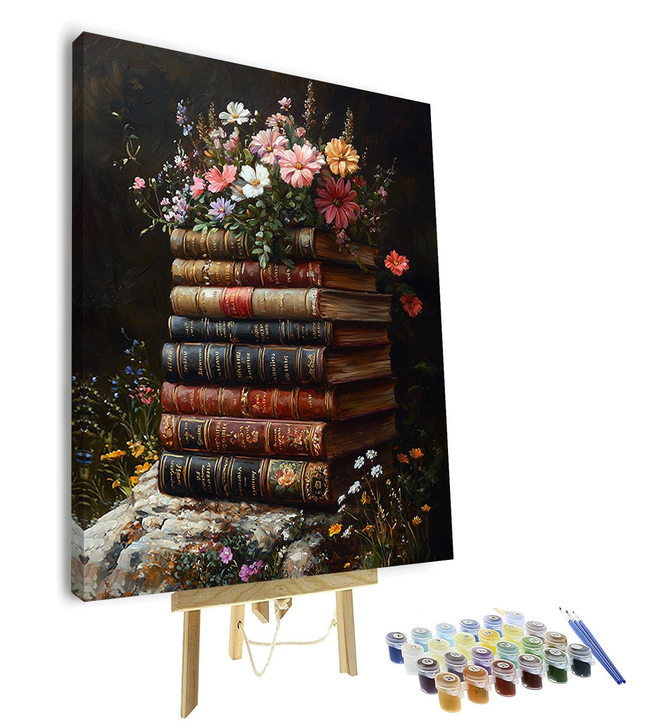 TISHIRON Framed Paint by Numbers for Adults - Vintage Book Stack & Vibrant Flowers Canvas Art, Books Color by Number Kit with Retro Floral Design, 16"x20" Adults Painting Kits