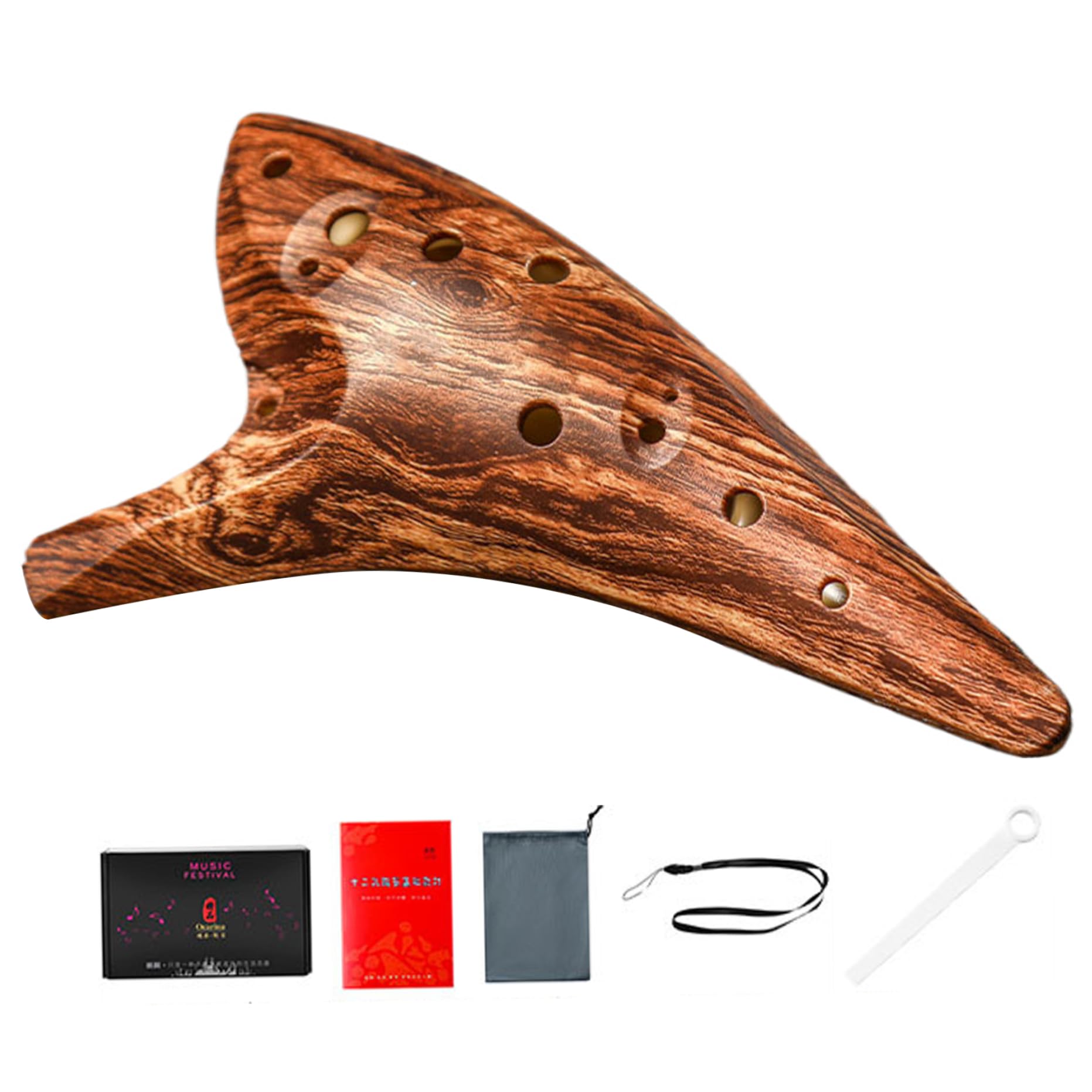 Okarina, 12 Löcher, ergonomisches Okarina-Instrument mit Holzmaserung, ABS-Harz, mit Anleitung, leicht, stoßfest, tragbares Musikinstrument für Anfänger, Kinder, Profis