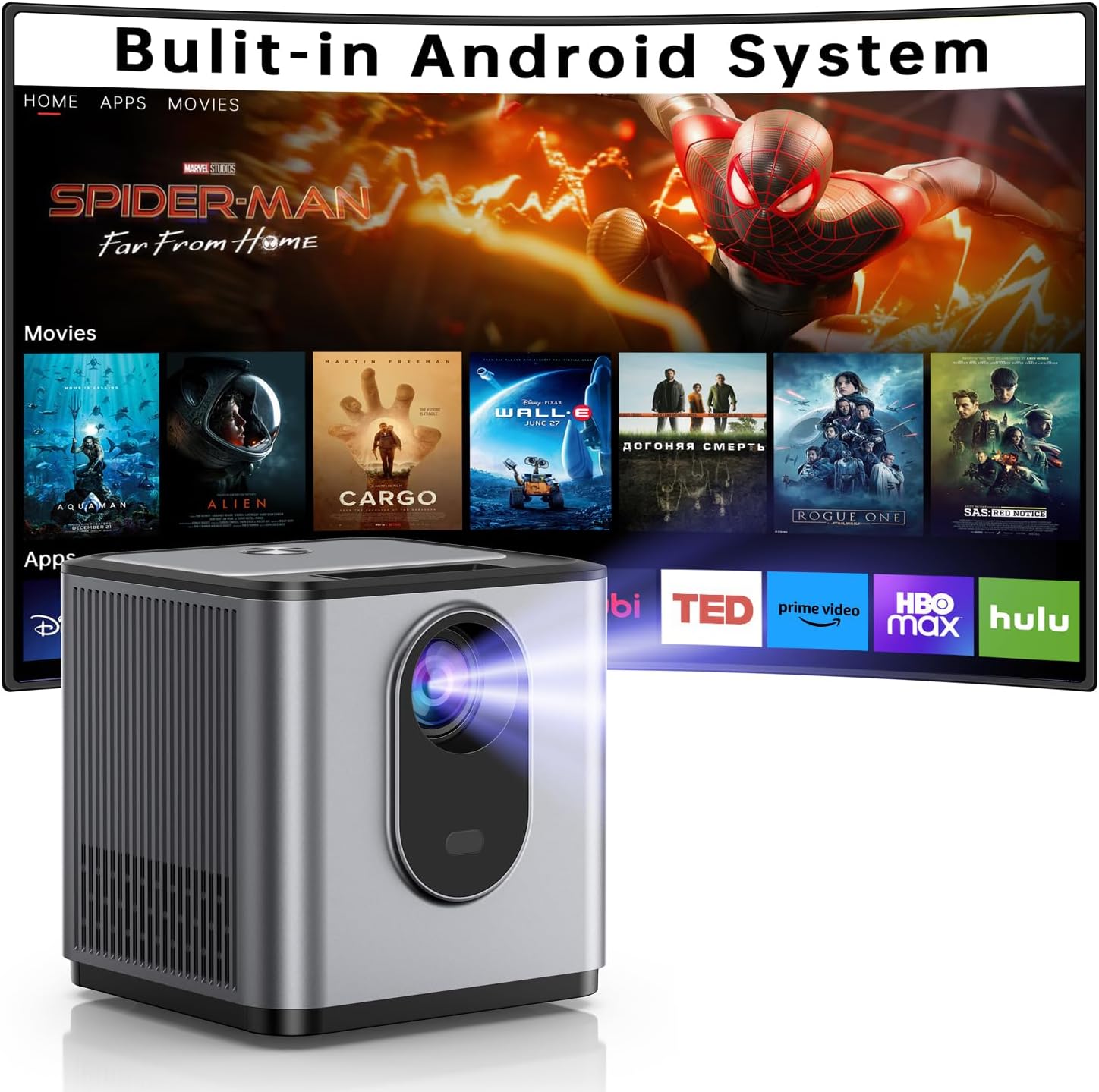 Mini Projector with WiFi and Bluetooth, Portable Projector Built-in Android System Supported 4K, Auto Keystone, Compatible with HDMI / USB / AV Ports / TV Stick / iPhone / Laptop for Bedroom