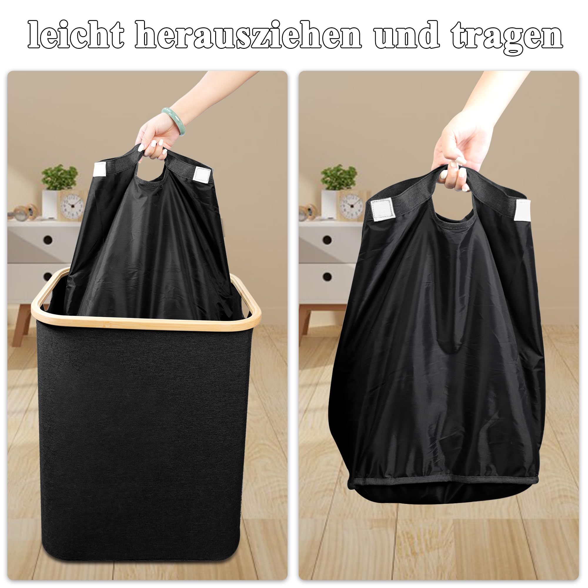 DAKCOS Panier à Linge Pliable Avec Poignées Bambou - Grand Panier De Rangement 32L Pour Vêtements, Jouets - Chambre, Salle De Bain - Noir