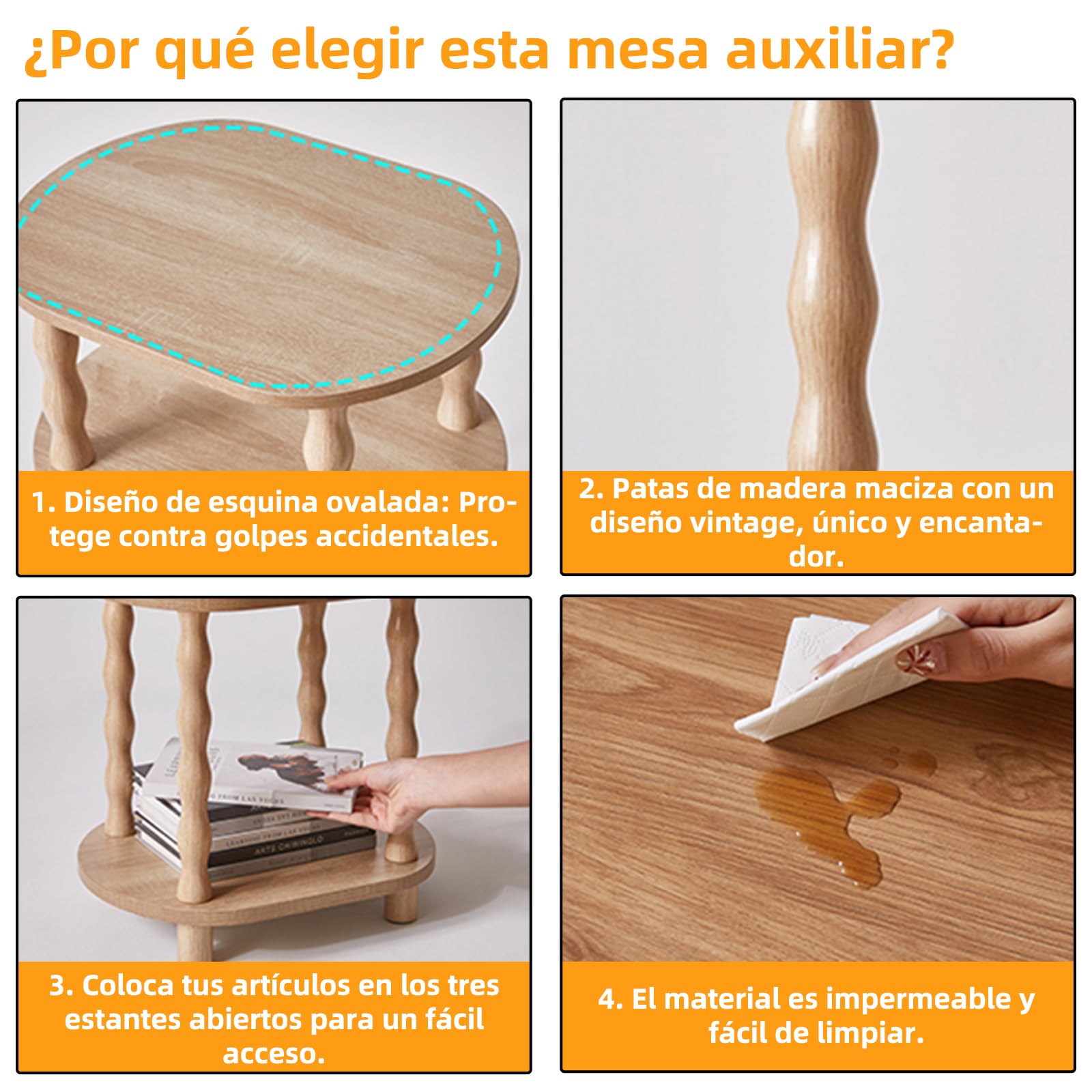 Aibiju Mesa Auxiliar de 3 Niveles con Patas de Madera Maciza, Pequeña Mesa Auxiliar Ovalada, Mesita de Noche con Estante para Dormitorio, Sala de Estar y Pasillo, Roble YD-ST004R