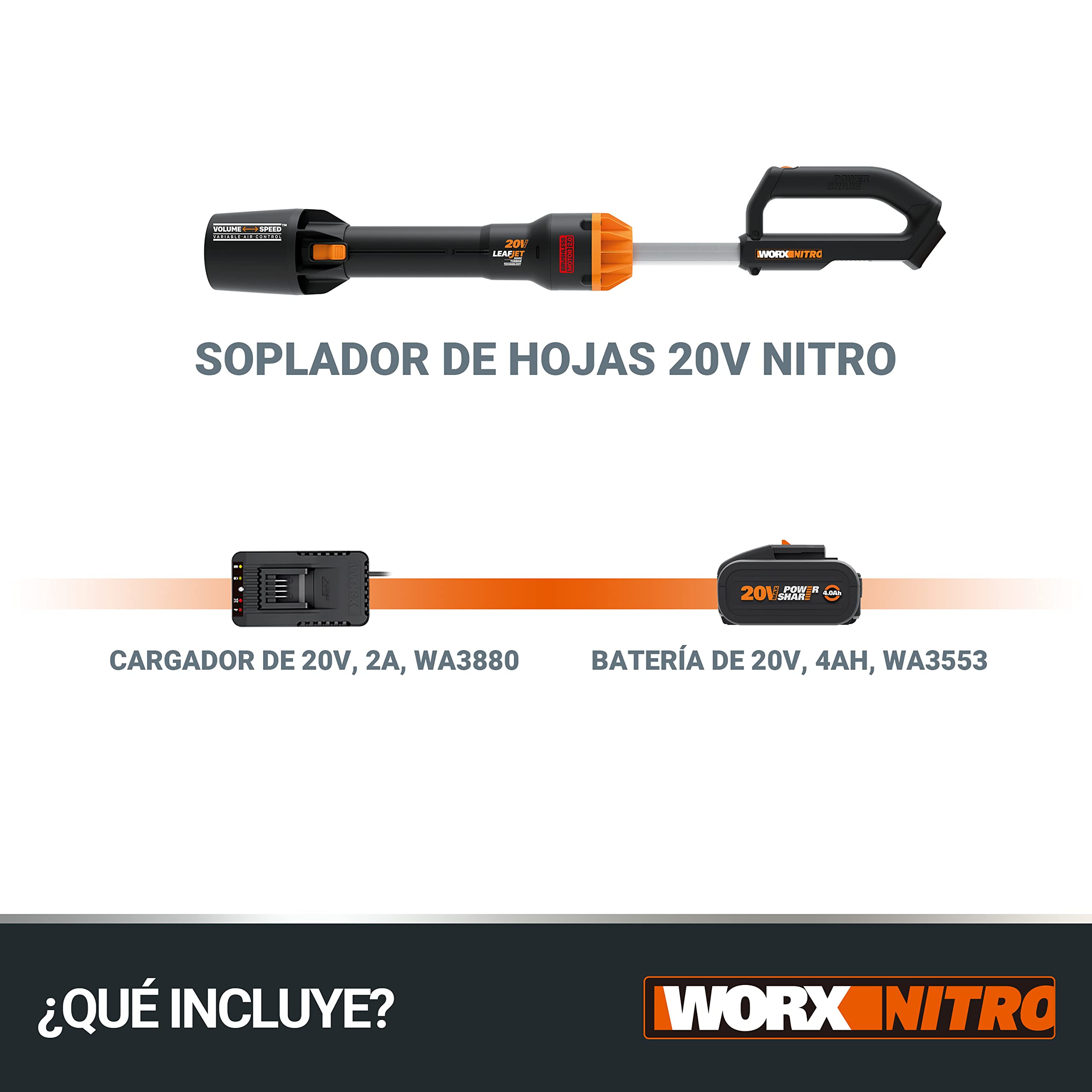 WORX WG543E Soplador de Hojas 20V-4Ah Nitro, superligero 1,7Kg, Motor brushless, 209Km/h, turbina Alto Volumen y Velocidad, para Limpieza de Jardines, Caminos y parcelas, Incluye batería y Cargador