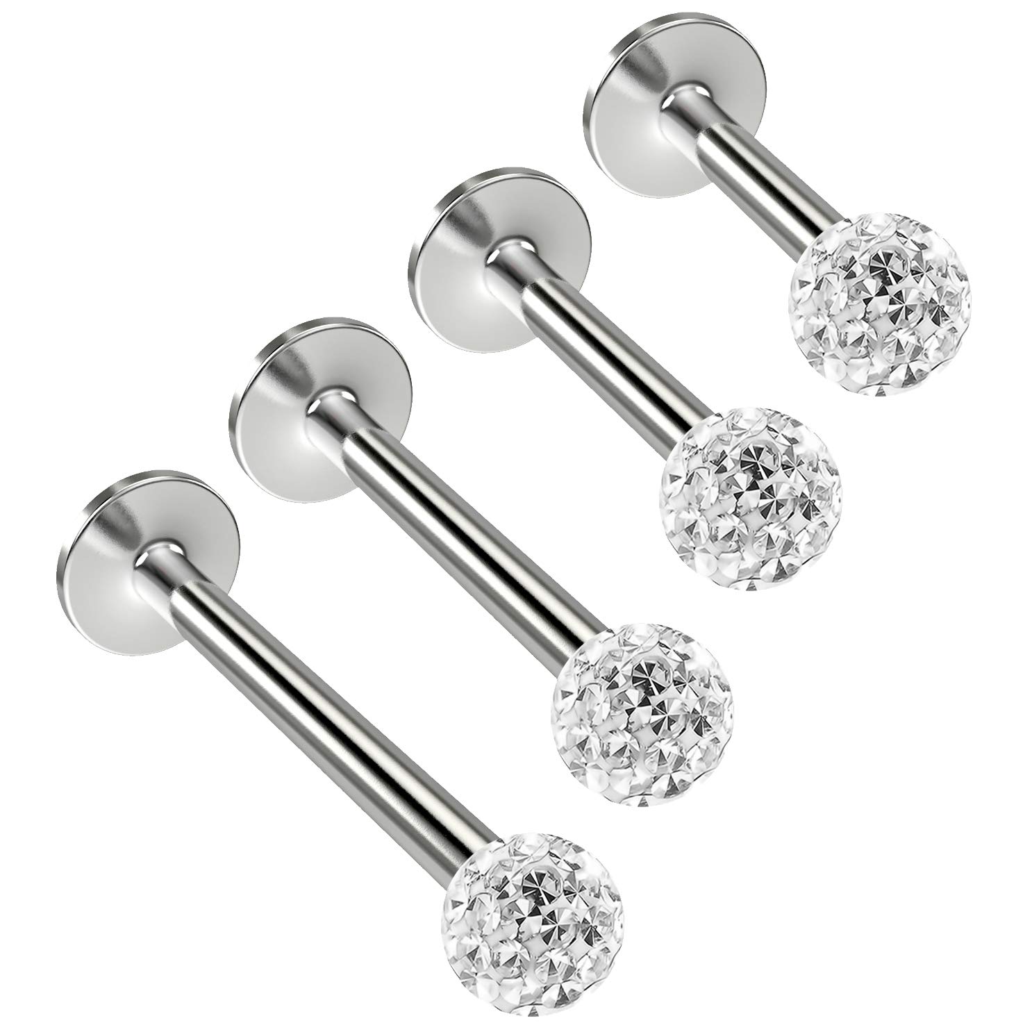 4pc Labret Bar Studs 1.2mm 16g Monroe Lip Stud 6mm 8mm 10mm 12mm Surgical Steel Stainless Ferido Gem Ball Set Externally Threaded Pack Tragus for Men Women Flat Snake Bites Bar