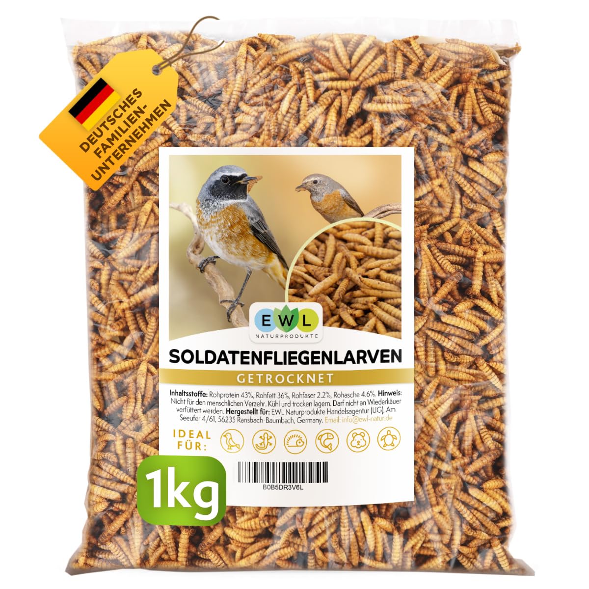 EWL Naturprodukte Soldatenfliegenlarven getrocknet 1 kg (6,5 L), Vogelfutter, Fischfutter, Schildkrötenfutter, Igelfutter mit Insekten
