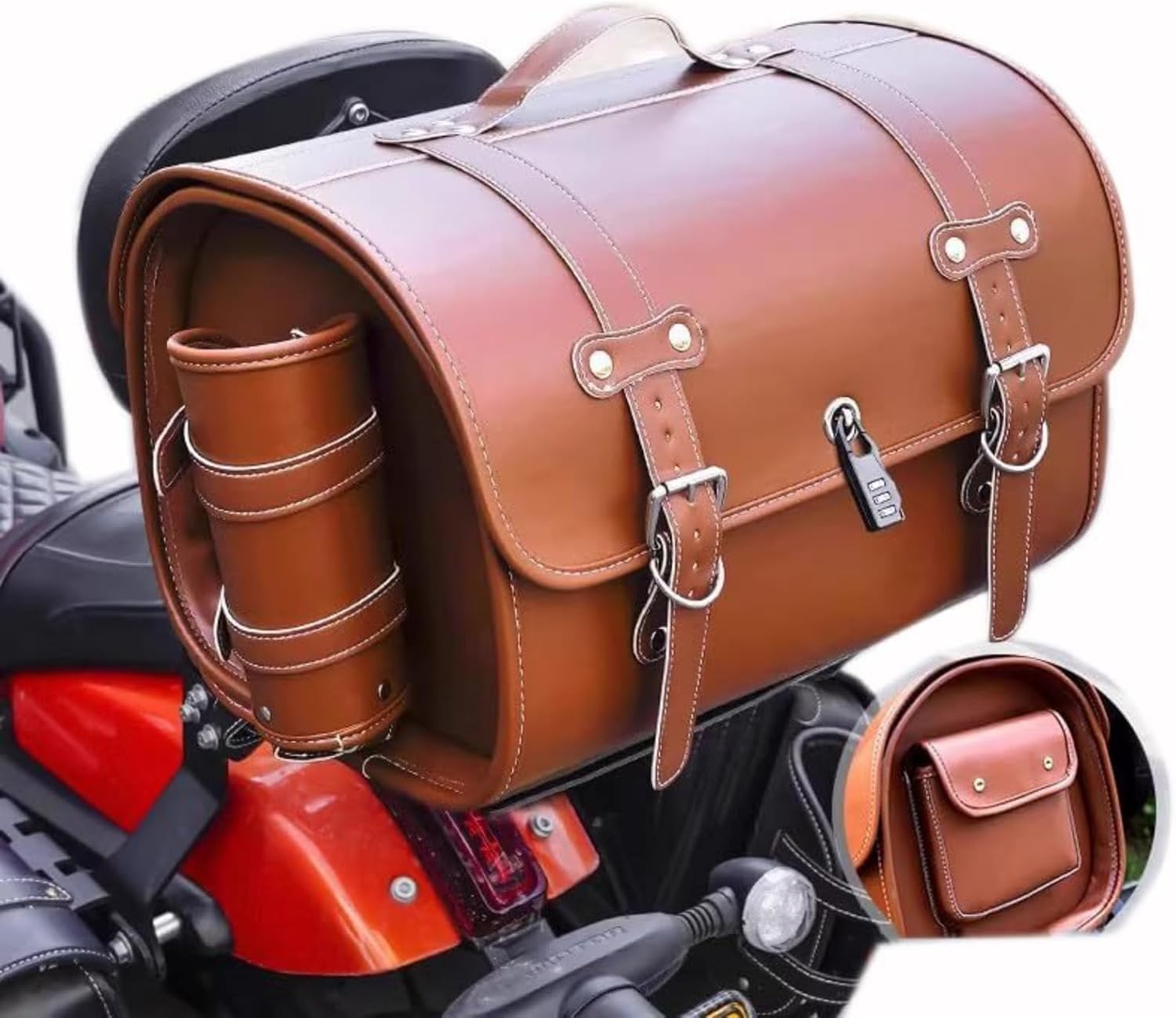 Baul Moto para Vespa GTS GTV 250 300, Top Case Moto 33L Impermeable, Bolsa Vintage Cuero PU, Multifuncional, Bolsa Herramienta Motocicleta Gran Capacidad Bolsa,A Brown