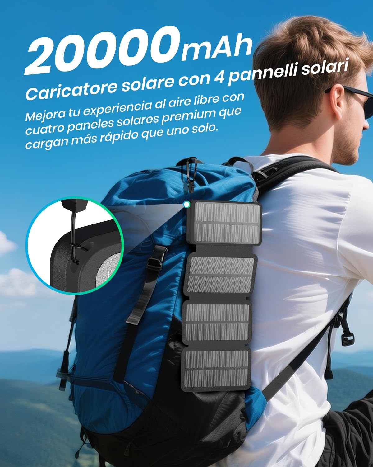 Cargador Solar 20000 mAh - A ADDTOP Batería Externa Solar Carga rápida 3 Salidas con 4 Paneles solares Plegables Cargador portátil para teléfonos móviles, iPhone 17 16 15 14 13 12 11 tabletas Negro