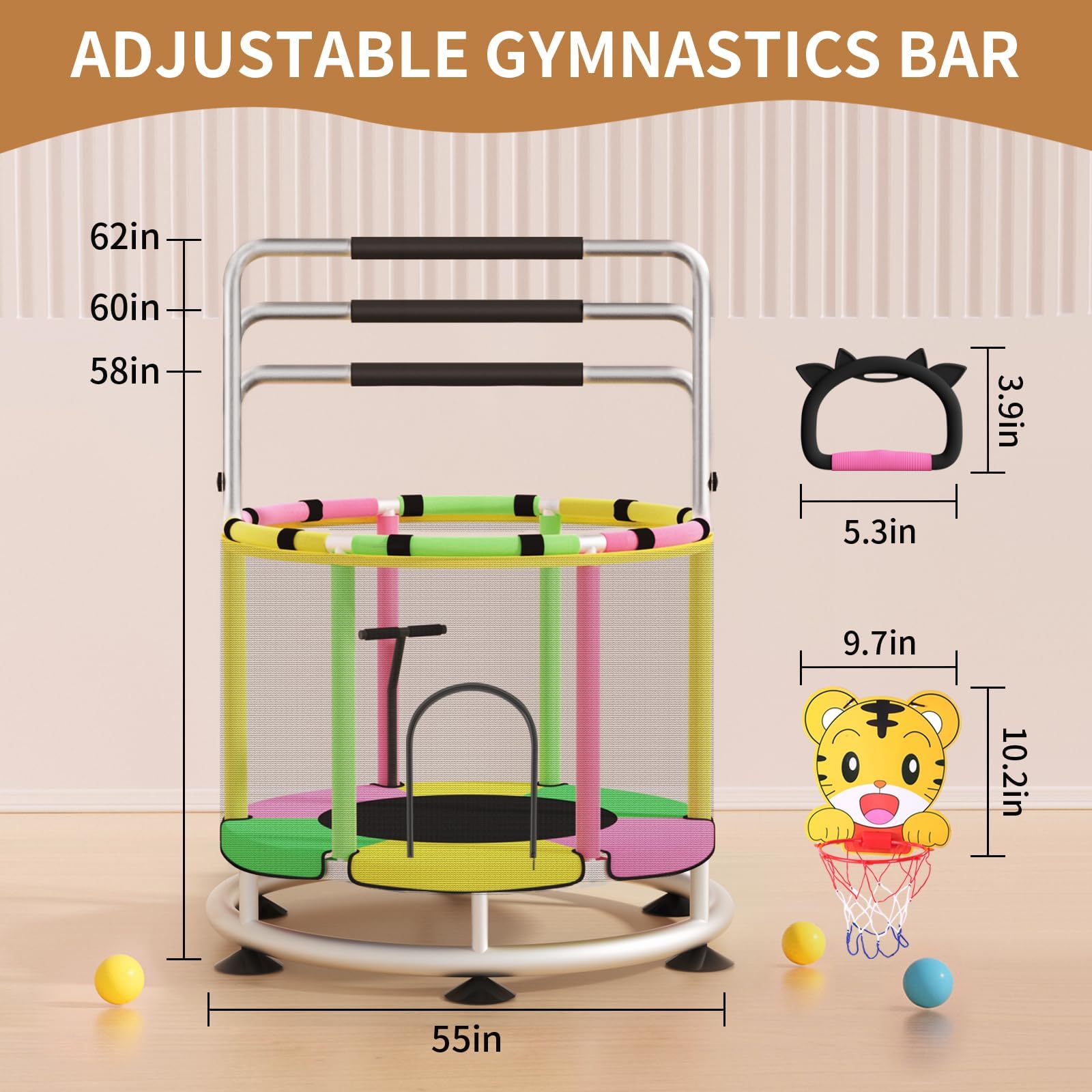 Kleinkinder-Trampolin mit Netz – 140 cm Indoor Outdoor Trampolin, 200 kg, mit Spielkorb, Turnstange & Sicherheitszubehör für Kinder