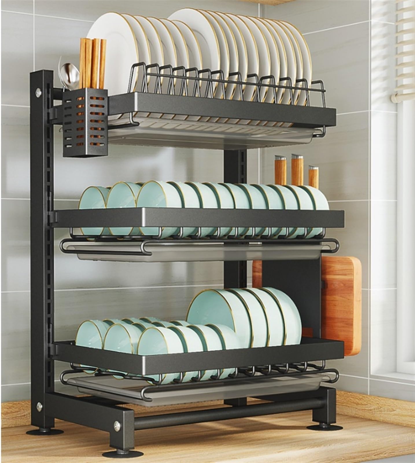 Escurreplatos Escurridor De Platos Mostrador, Rejilla Secado con Soporte para Cuchillos, Estante para Utensilios, Secadora 3 Capas Organización Cocina