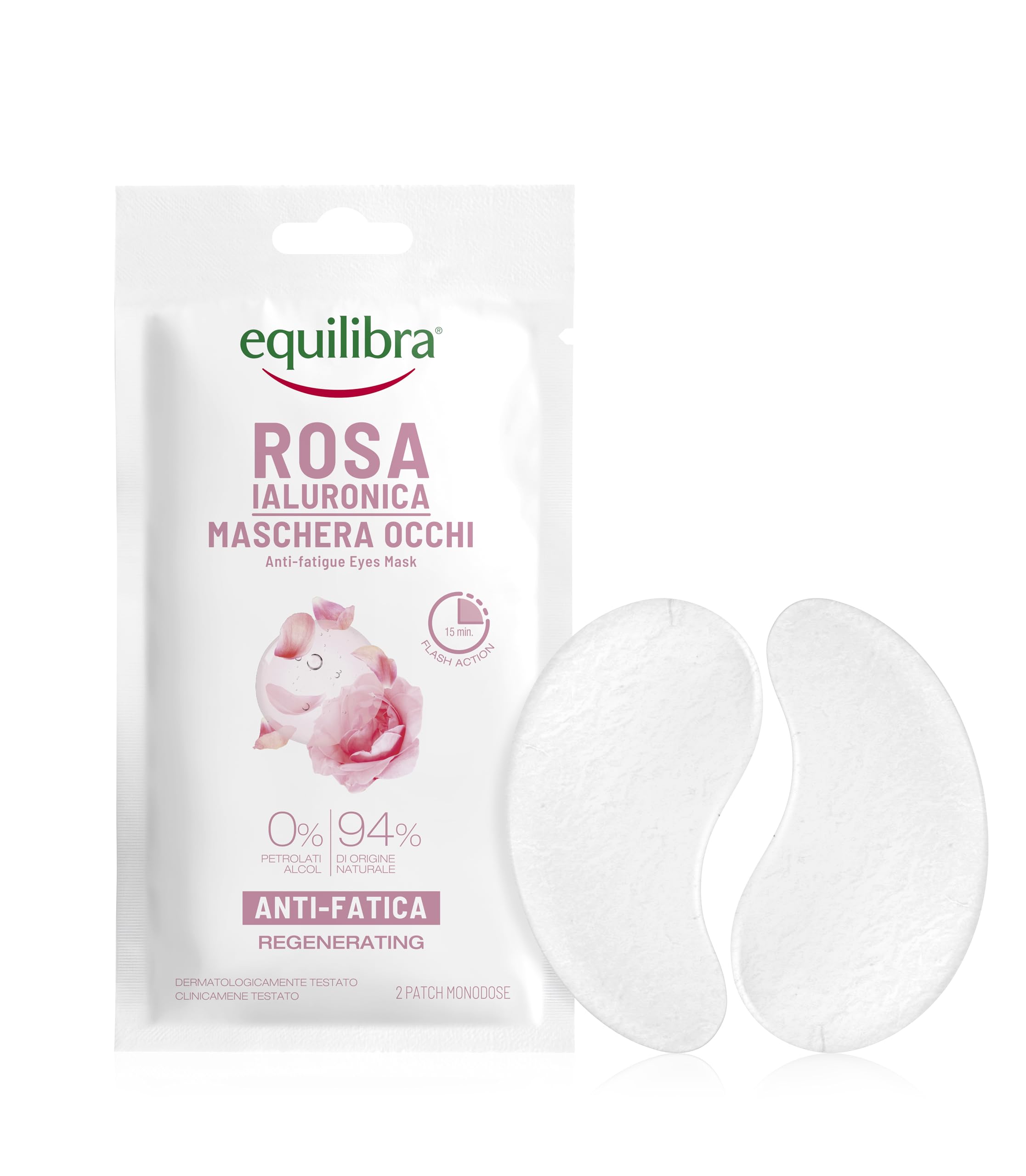 Equilibra, Patch Occhi, Azione Anti-fatica Contro Occhiaie e Borse, 2 Patch, con Estratto di Rosa Damascena, Acido Ialuronico ad Alto, Medio e Basso Peso, Caffeina, ed Estratto di Centella