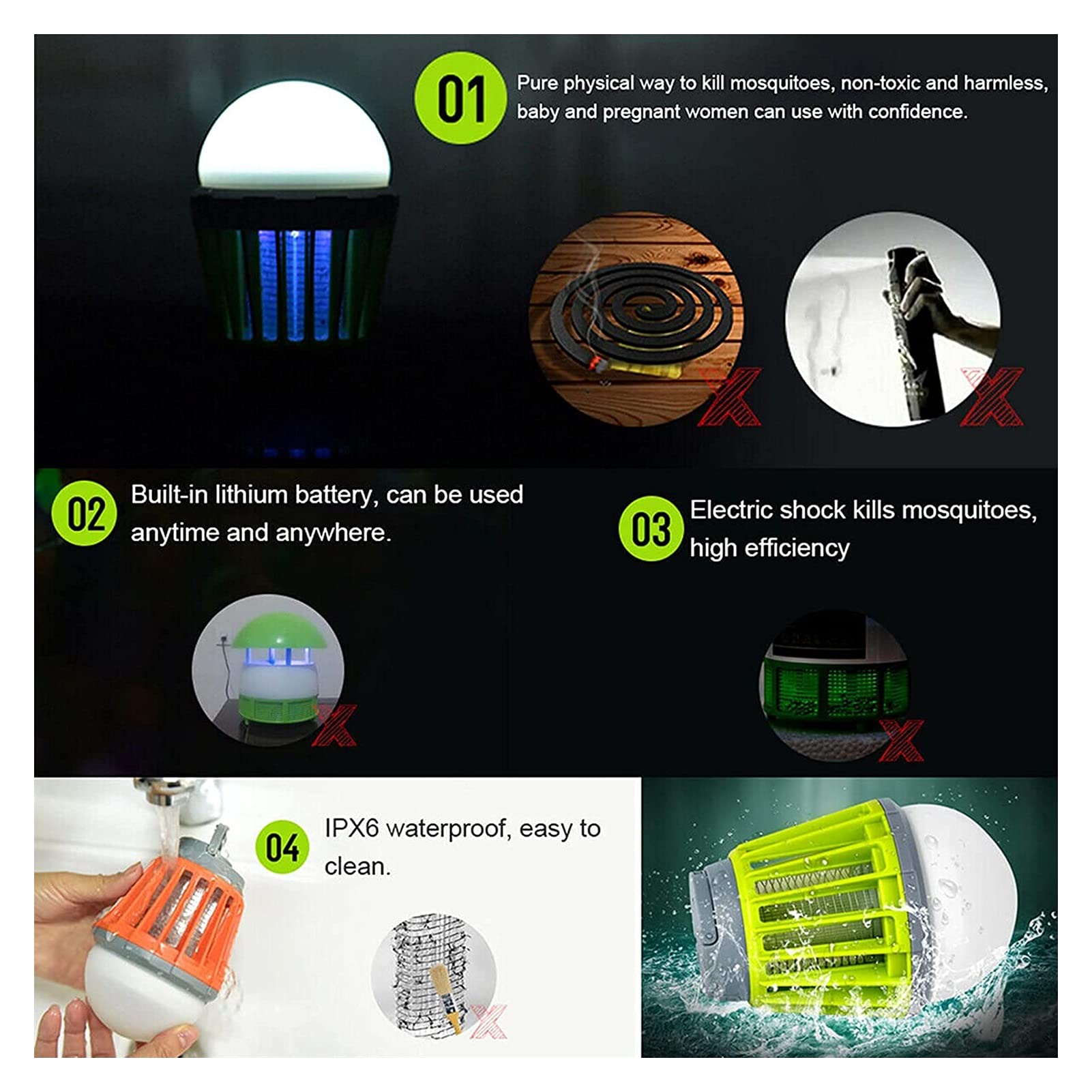 Lampada elettrica per zapper antizanzare Assassino per zanzare elettrico ricaricabile tramite USB Portatile con gancio può essere appeso per tenda da campeggio per interni ed esterni Repellente per in