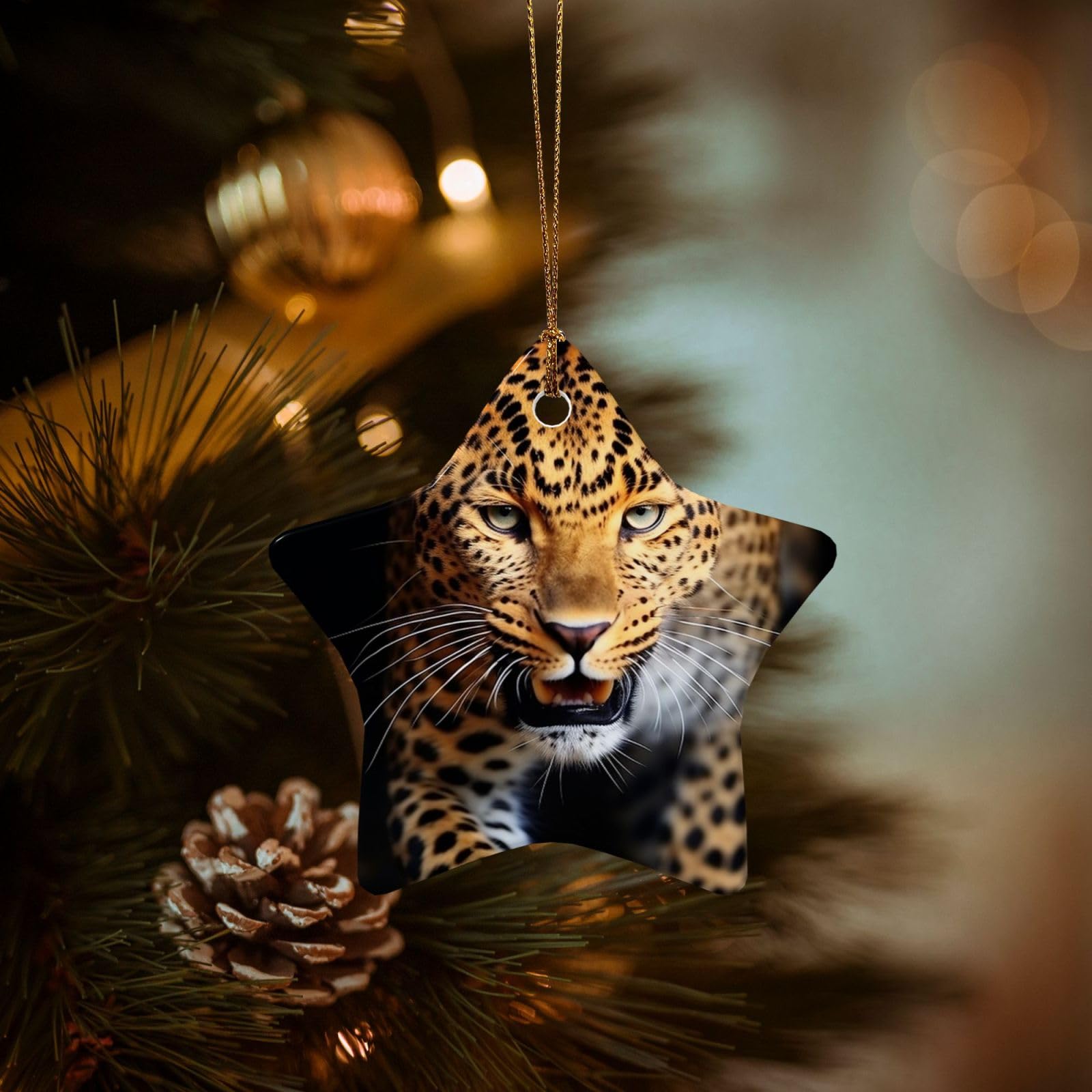 Christmas Tree Ornaments Ceramics Christmas Decorations Leopard Ornaments with Gold Ribbon Porcelain Xmas Tree Crafts Star Shape Hanging Pendant for Christmas Tree Party Decor