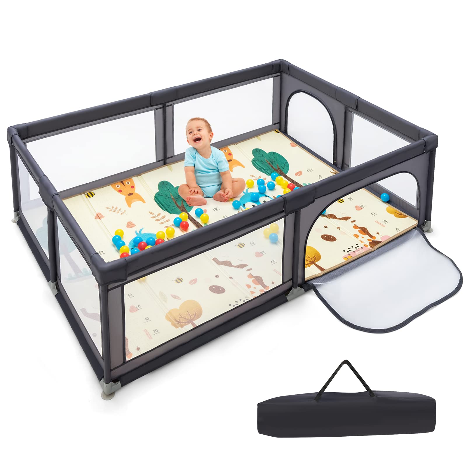 GYMAX Baby Playpen, 200 x 140cm Large Toddler Fence Play Yard with 50 Ocean Balls, Soft Mat and 2 Doors, Indoor Outdoor Infant Activity Center (Dark Grey)