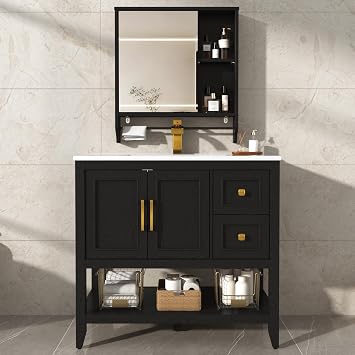 36 Inch Single Sink Bathroom Vanity Set with Faucet & Mirror Cabinet, Black