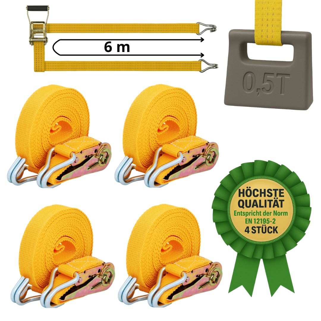 Spanngurt mit Ratsche - Zurrgurt 6 m - Stärke 0,5 t - Befestigungsgurt für Anhänger & Auto - Breite 28 mm - Ratschengurt - Gurtband - Anhänger Zubehör 4 Stück