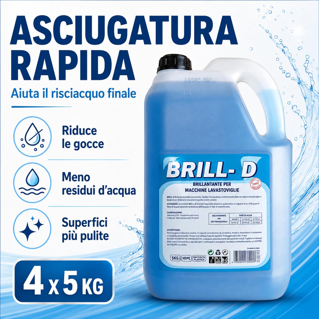 Brillantante Lavastoviglie Professionale 4 x 5 kg, Additivo Liquido per Lavastoviglie, Lavabicchieri e Lavatazzine, Asciugatura Rapida, Stoviglie Brillanti e Senza Aloni