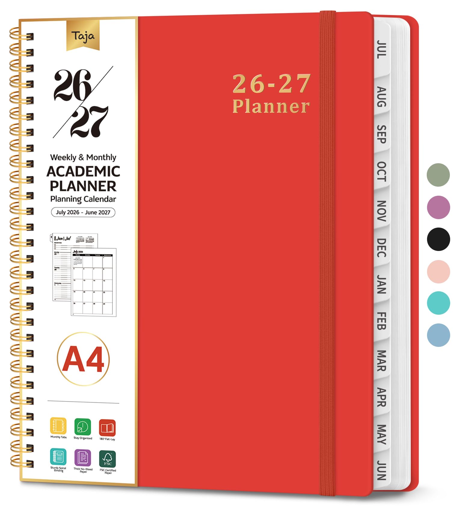 Planner 2026-2027, Weekly and Monthly Calendar Academic Planner for Women, July 2026 - June 2027, Spiral Bound School Planning Tool, Perfect for Teacher, Student, Women & Men, A4 (8.5" x 11"), Tomato