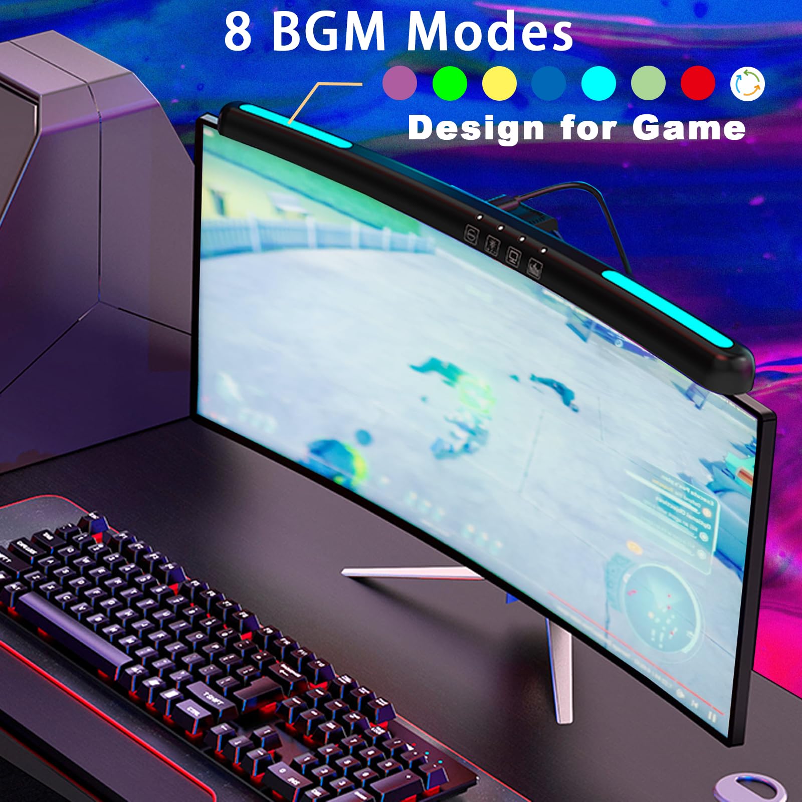 Barra de luz curvada para monitor para pantallas curvas de 24 a 27 pulgadas, barra de luz con 7 RGB, atenuación continua, 3 temperaturas de color, luz de computadora para juegos alimentada por USB 5