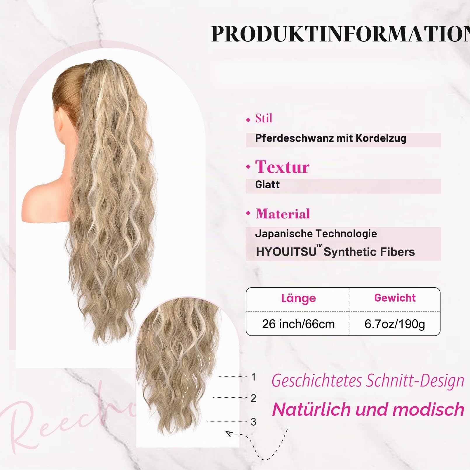 REECHO Ponytail Extension, 66 cm Long Beach Gewellt Zugband Pferdeschwanz Haarverlängerung Synthetischer Pferdeschwanz Haarteil für Frauen – Aschblond mit Highlights