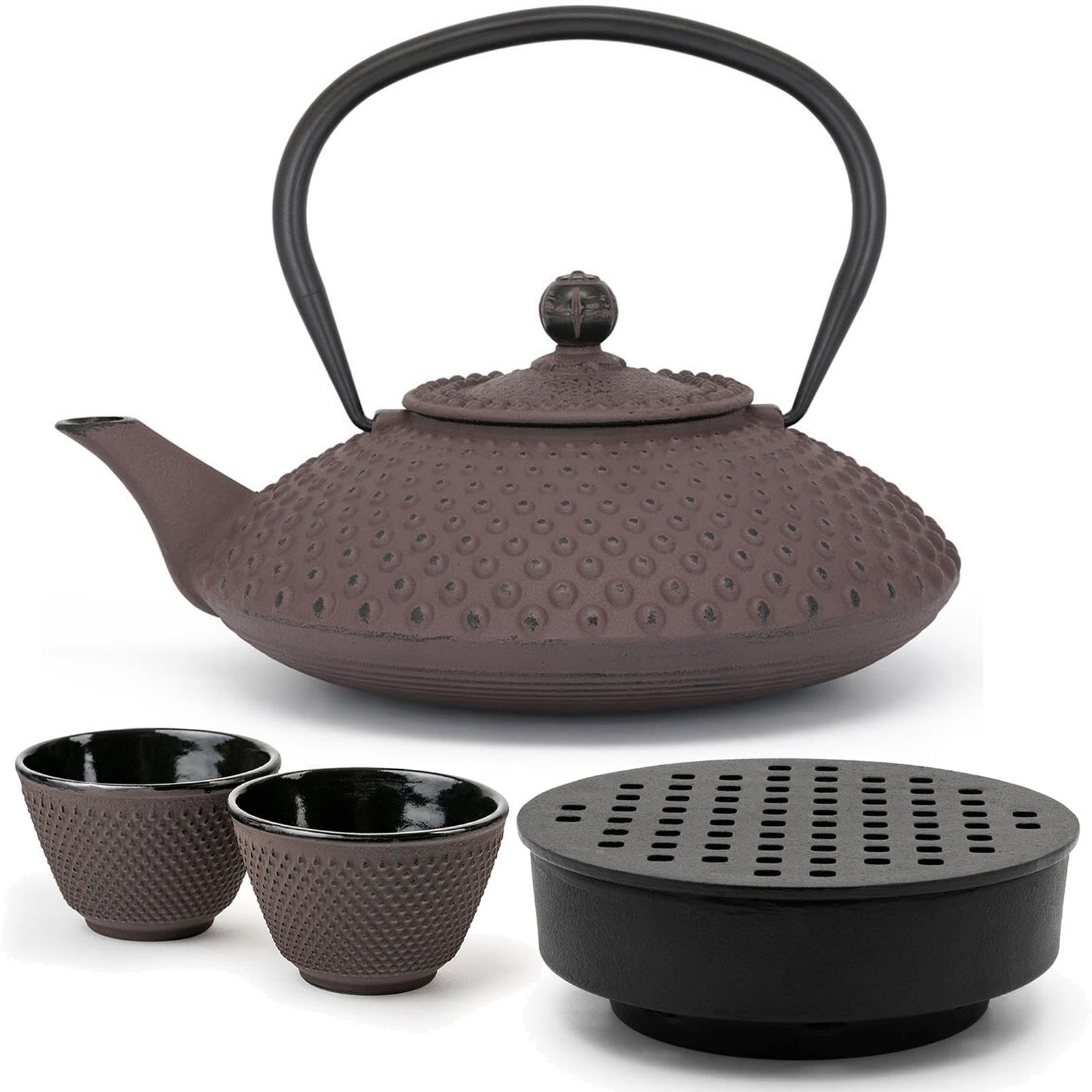Bredemeijer Gusseisen Teekanne 1.25 Liter Induktion - flache Asia Gusskanne aubergine im Set mit 2 Teebecher (Tassen) & Teewärmer & Teefilter-Sieb-Einsatz
