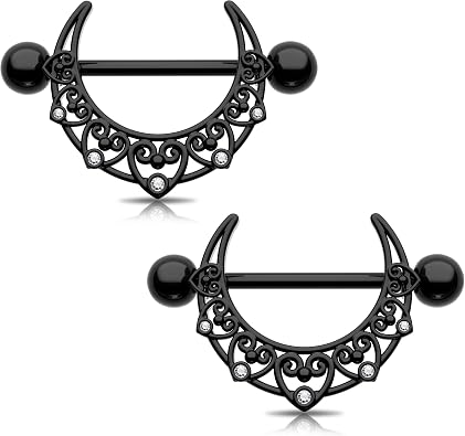 Melighting Black Moon Nipple Piercing Jewelry - 14G Stainless Steel 316L Heart Nipple Barbell
