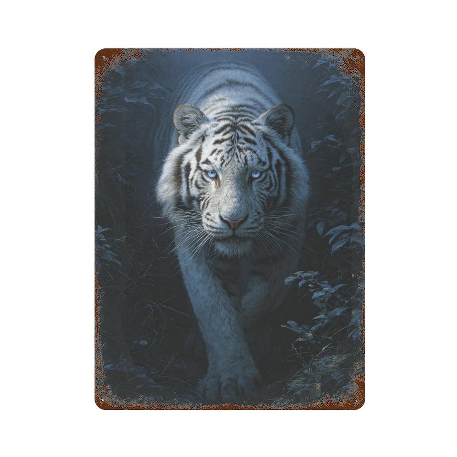 Vintage Metal Tin Sign White Tiger in Misty Forest -1 15.7"x11.8", Classic Wall Plaque for Pub, Kitchen And Man Cave Decor