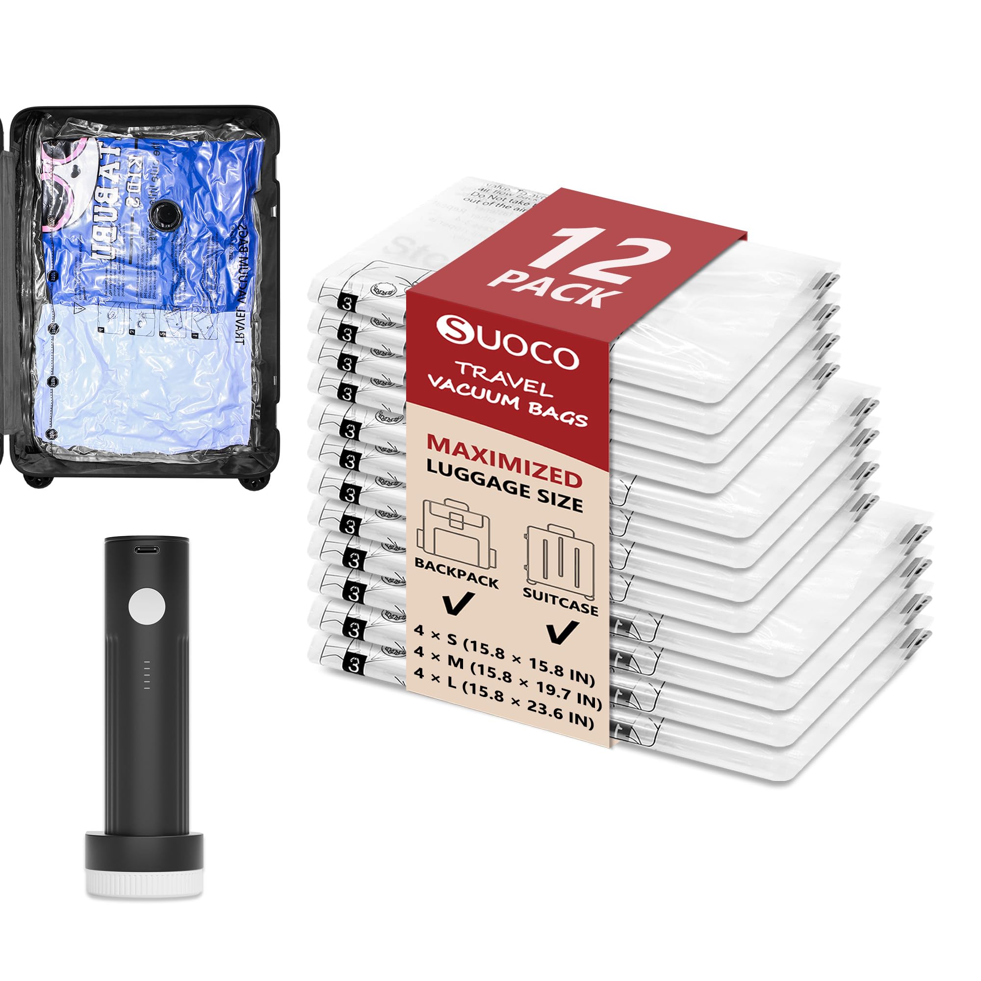 Travel Vacuum Bags for Clothing with Rechargeable Electric Pump, Compression Packing Cubes Organizer Storage for Luggage Suitcase, Space Saver Seal