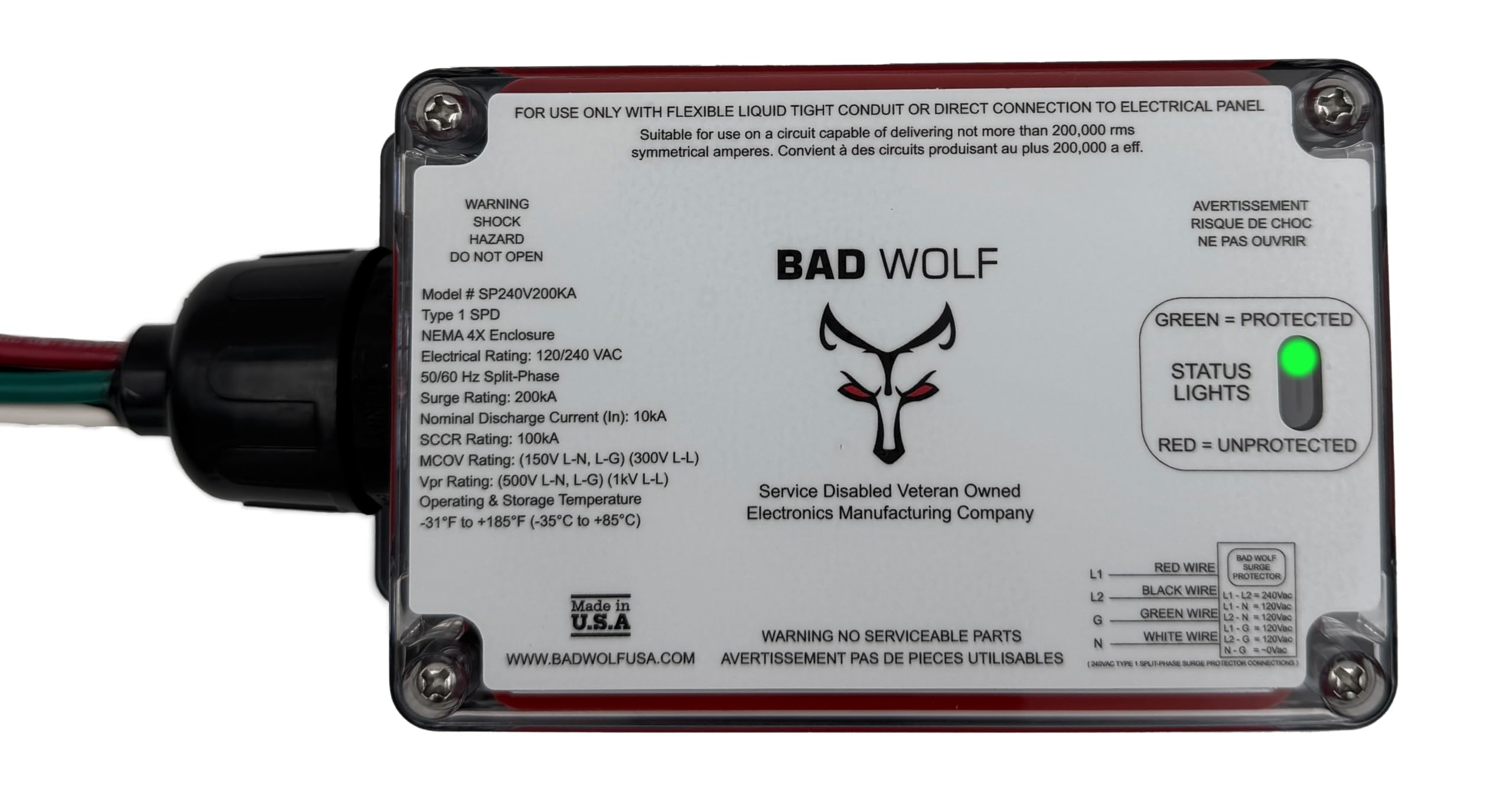 Bad Wolf SP240V200KA Whole House Surge Protector, 200kA Surge Rating, 240VAC, Lightning Protection, Black
