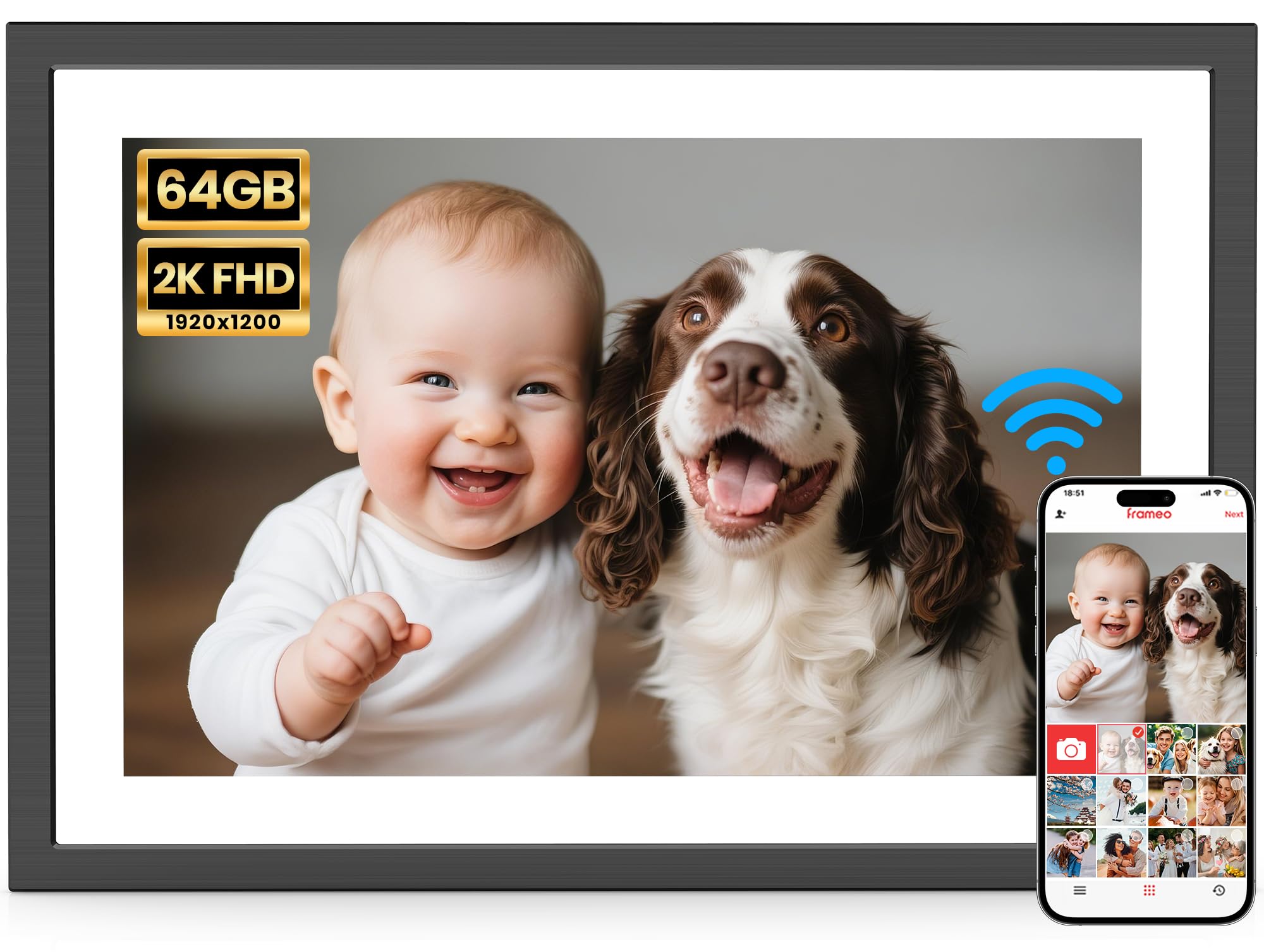 2K 64GB Frameo 10.1" Digital Picture Frame WiFi Electronic Photo Frame FHD 1920 x 1200 IPS Touch Screen Share Moments Remotely Anywhere Photo Gifts for Mother Dad Grandparents Christmas