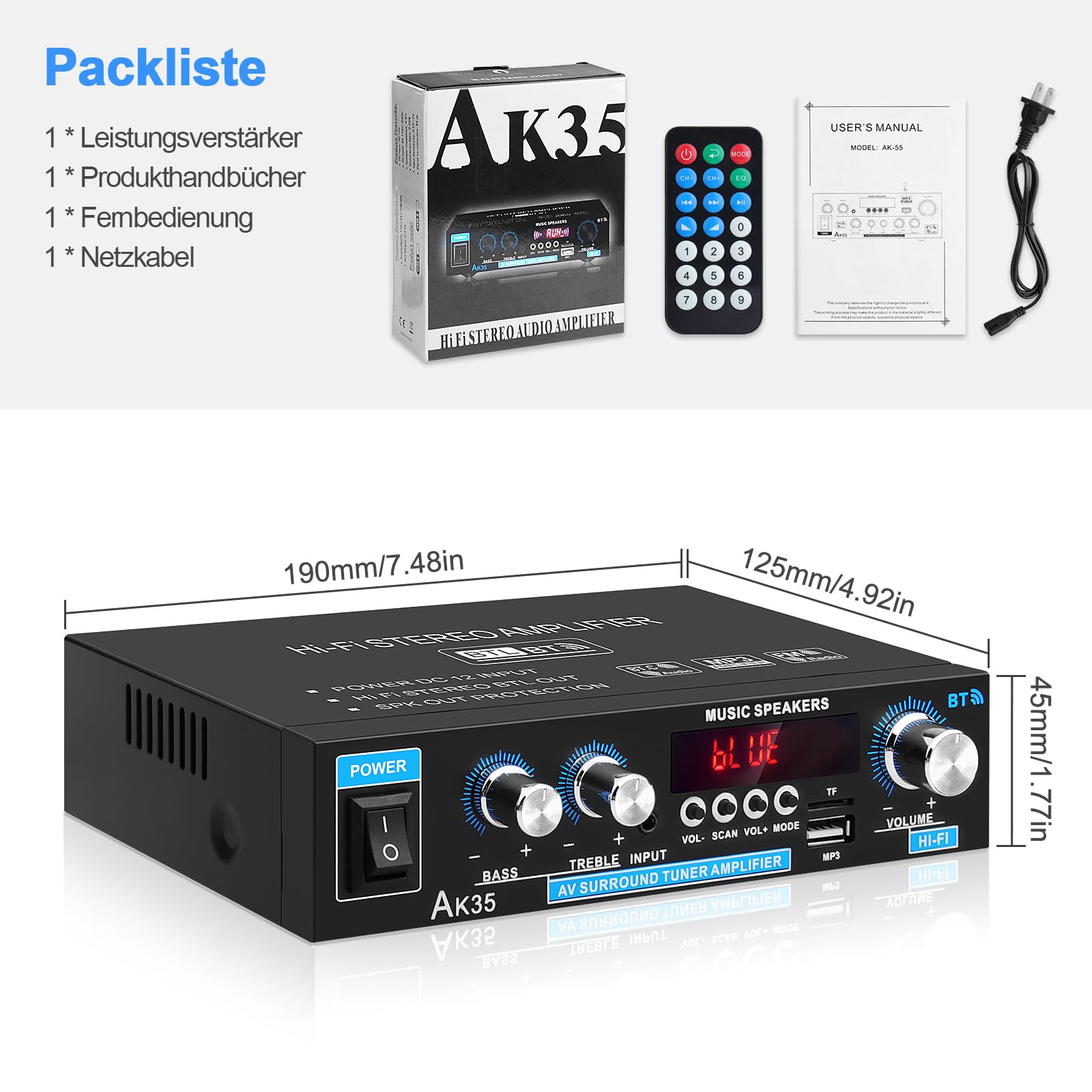 HiFi Stereo Audioverstärker AK35 Bluetooth 5.0 Digital Mini-Verstärker RMS 2.0-Kanal 30W x 2 HiFi-Leistungsverstärker mit Bass & Treble Tuner für Heim-Lautsprecher