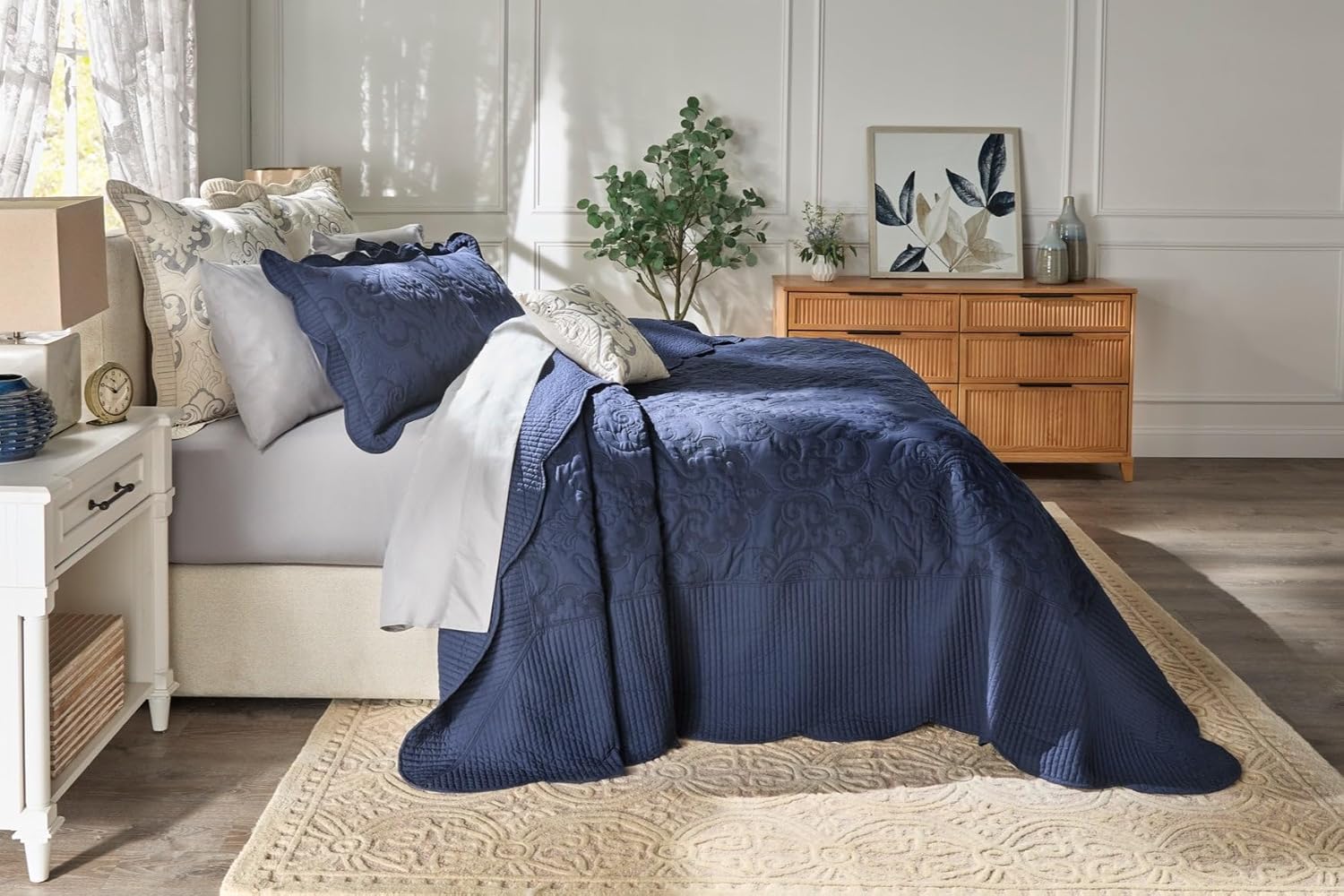 BrylaneHome Bedding Lightweight All Season Modern Amelia Quilted Damask Oversized Ultra Soft Bedspread - King, Ashley Blue