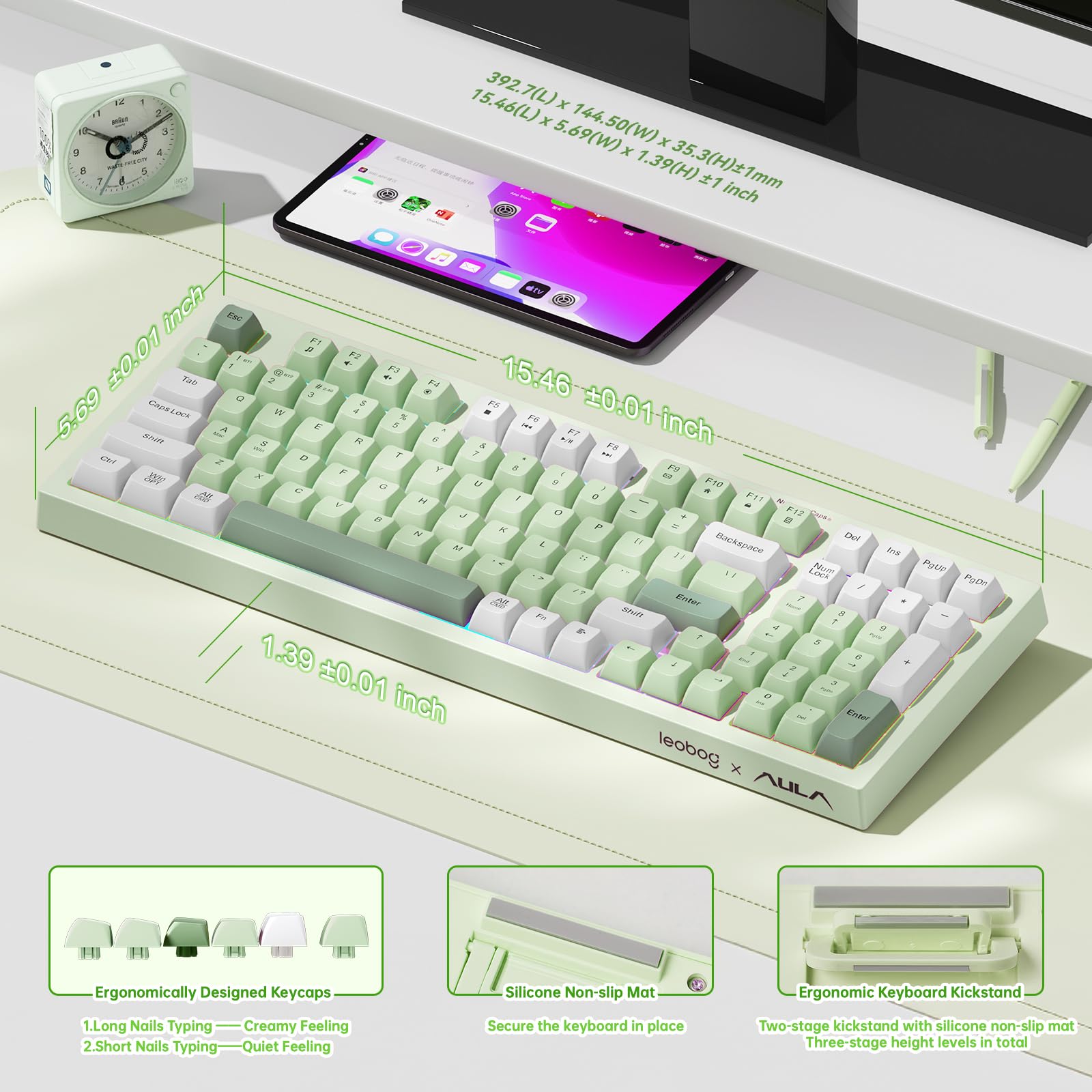 LEOBOG Aula - Tastiera da gioco wireless, color crema, tastiera Bluetooth per computer, sensazione meccanica, full size, con tastierino numerico retroilluminato RGB Tri-Mode BT/2,4 GHz/USB-C, verde