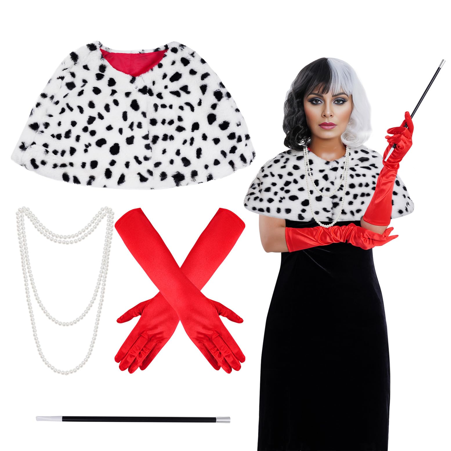 baotongle Costume da Dalmata, da donna, per Halloween, anni '20, guanto, in finta pelle, con perle, colore nero, bianco, crudele, sciarpa dalmata, stola per adulti per cosplay, Nero/rosso, Taglia