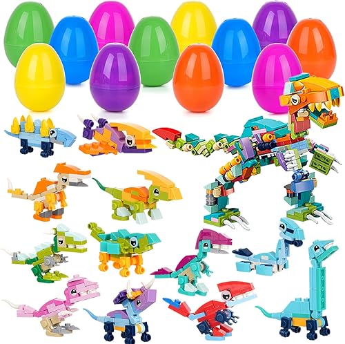 Tideme 12 huevos de Pascua precargados, cestas de Pascua con bloques de construcción de dinosaurios, juguetes sorpresa de dinosaurio para niños,